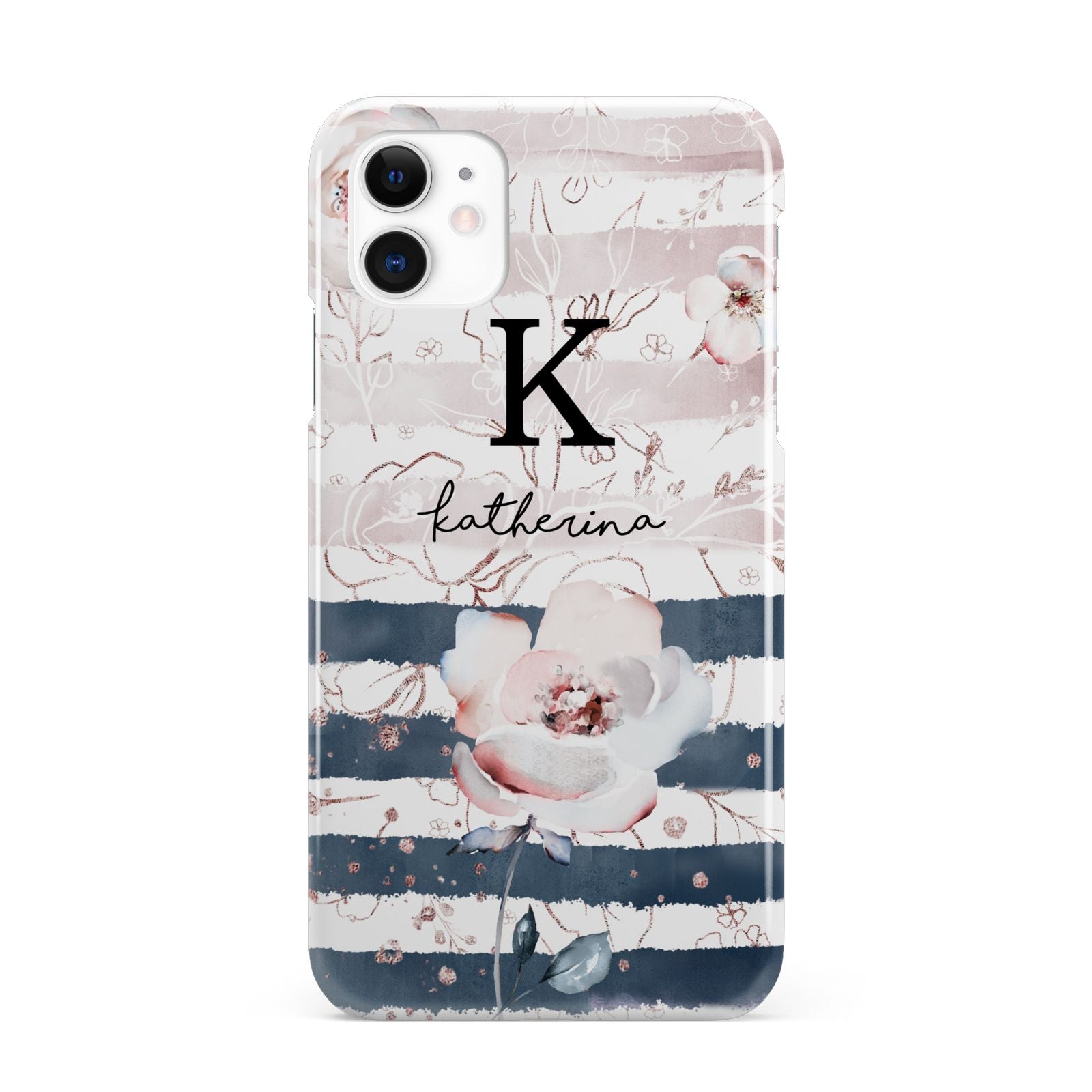 Monogram Pink Blue Striped Watercolour iPhone 11 3D Snap Case