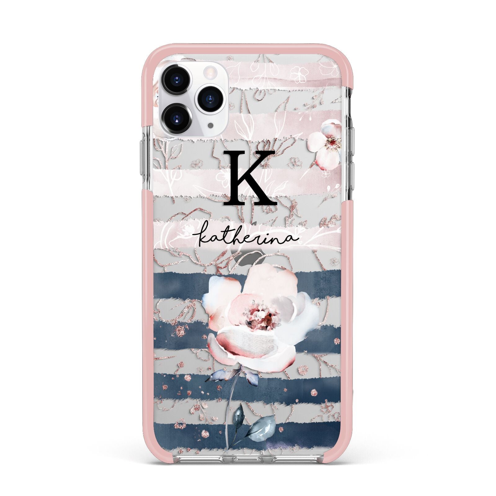 Monogram Pink Blue Striped Watercolour iPhone 11 Pro Max Impact Pink Edge Case