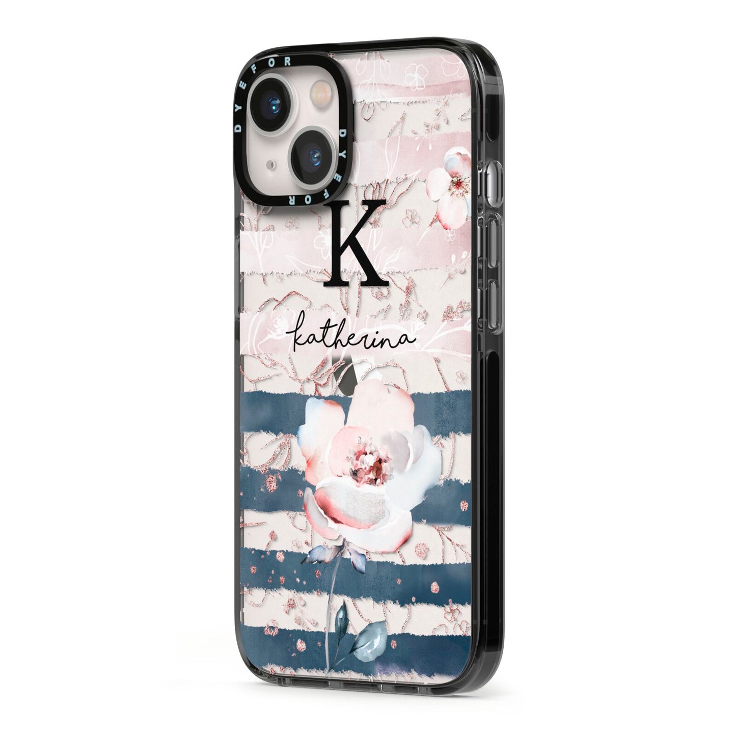 Monogram Pink Blue Striped Watercolour iPhone 13 Black Impact Case Side Angle on Silver phone