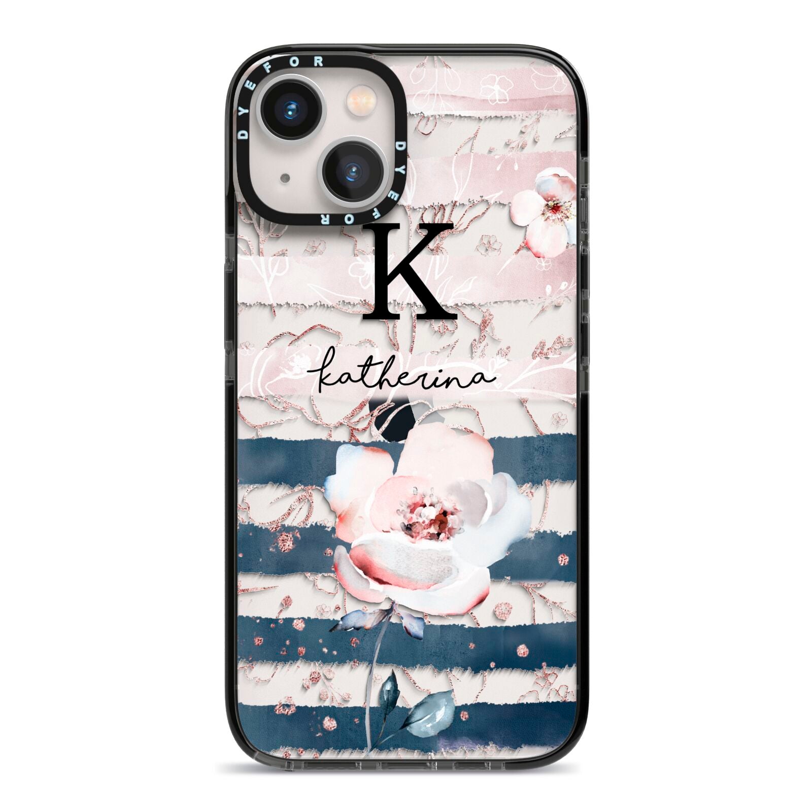 Monogram Pink Blue Striped Watercolour iPhone 13 Black Impact Case on Silver phone