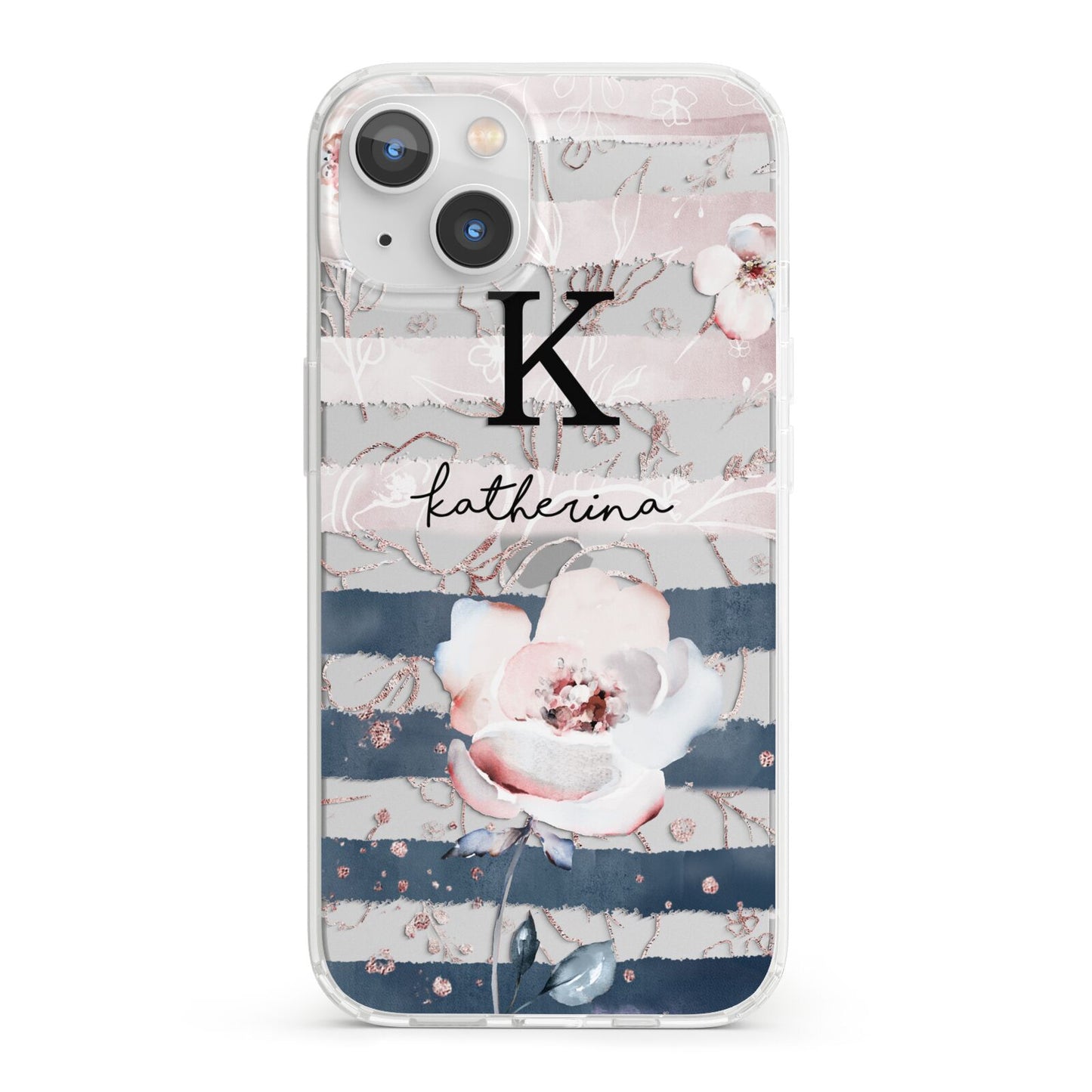 Monogram Pink Blue Striped Watercolour iPhone 13 Clear Bumper Case