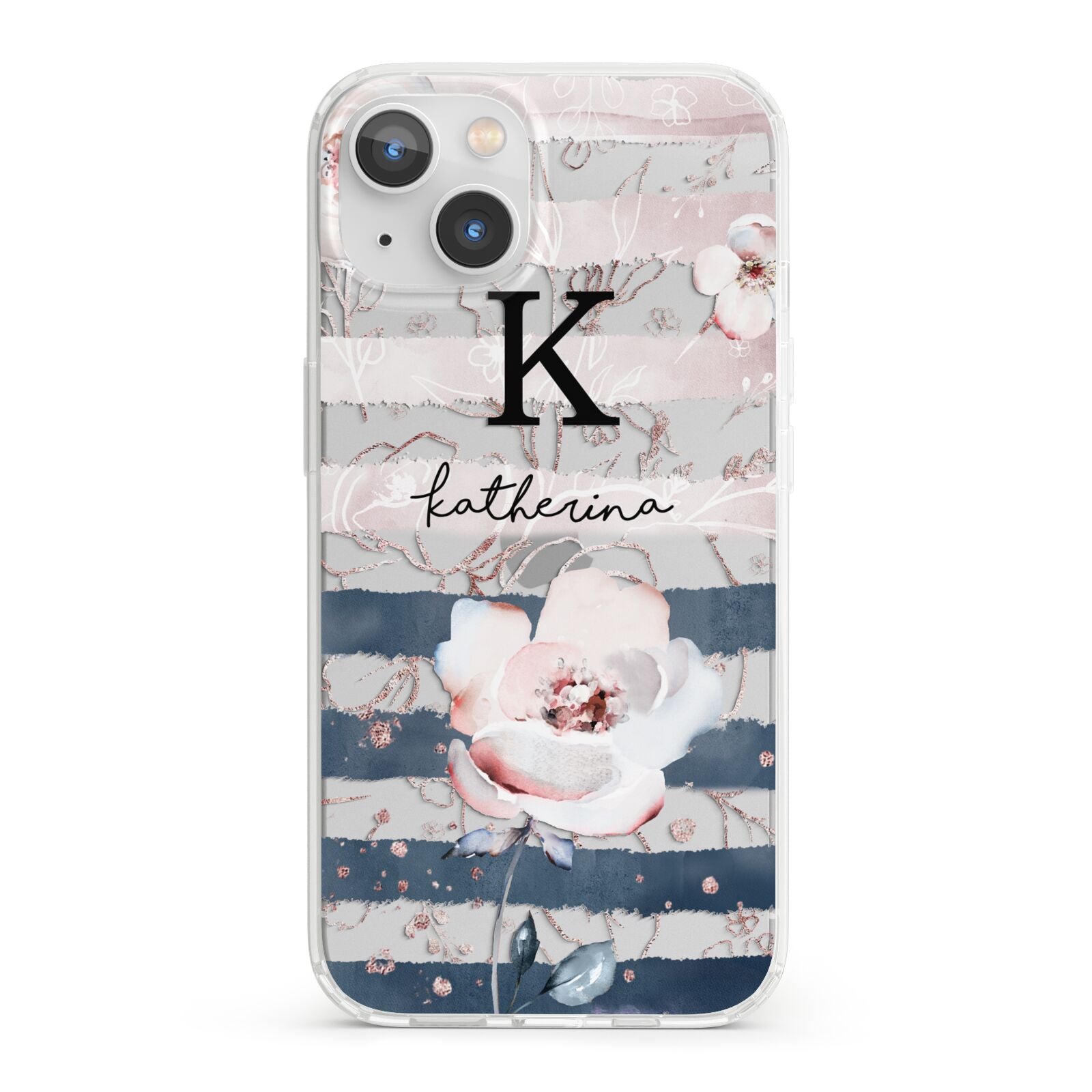 Monogram Pink Blue Striped Watercolour iPhone 13 Clear Bumper Case
