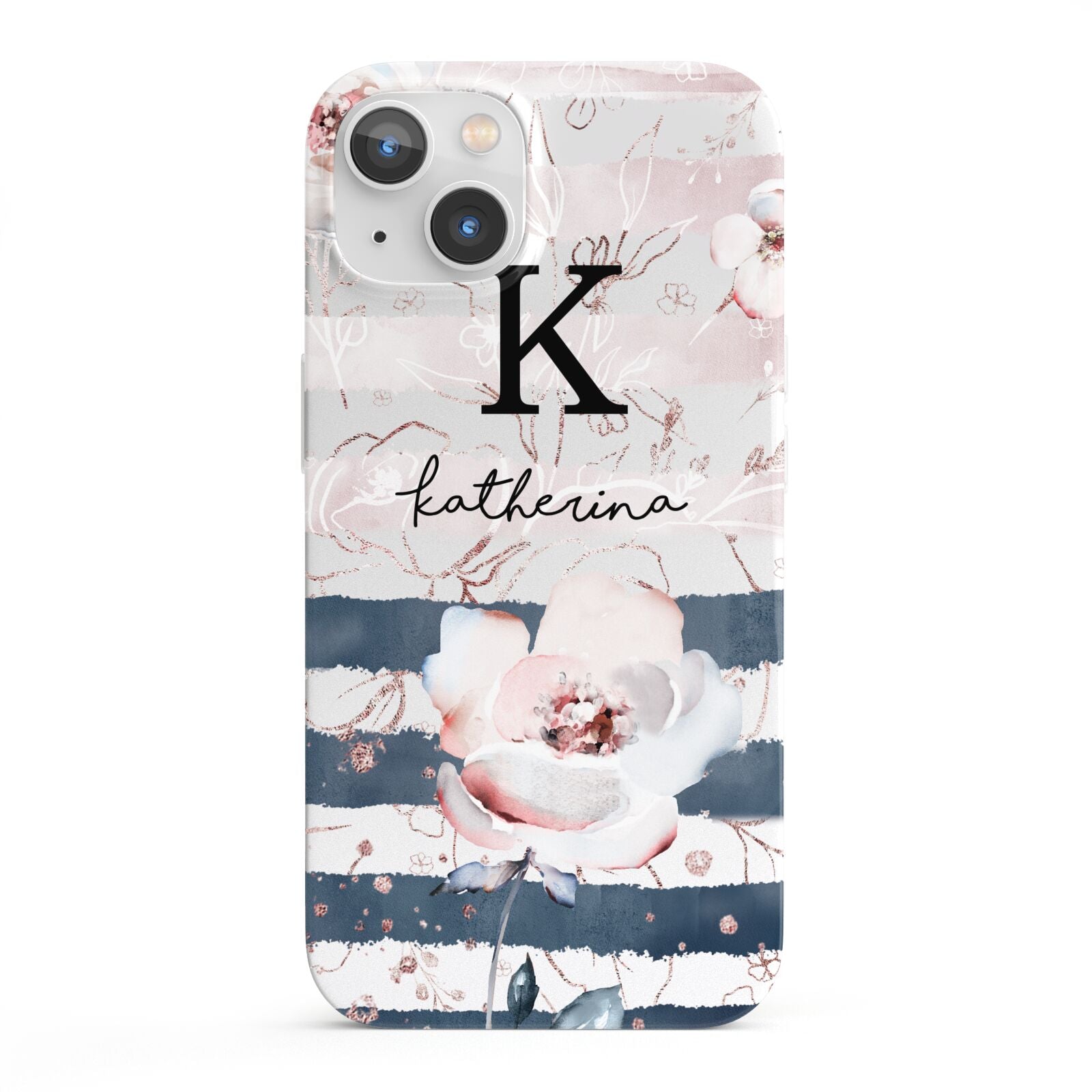 Monogram Pink Blue Striped Watercolour iPhone 13 Full Wrap 3D Snap Case