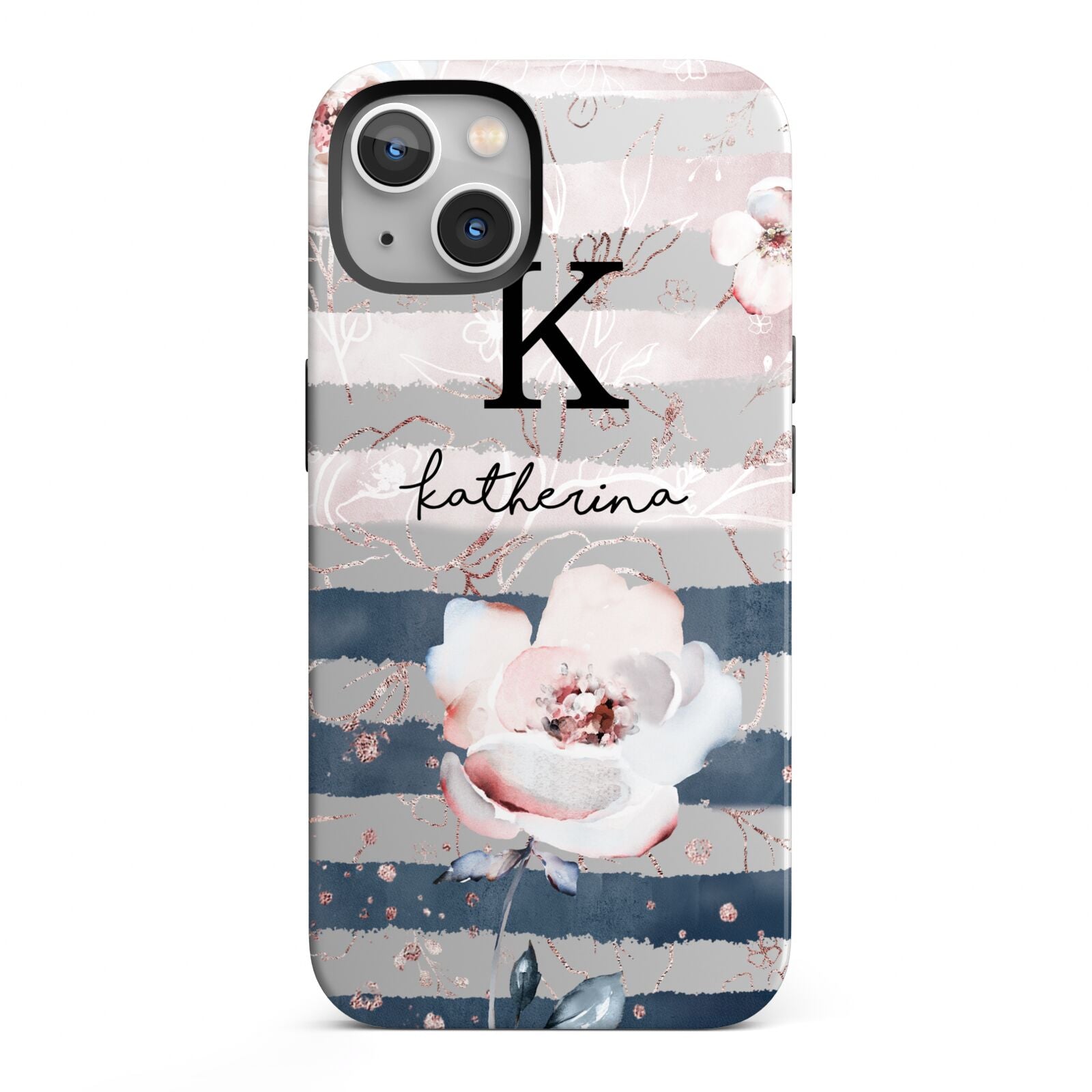 Monogram Pink Blue Striped Watercolour iPhone 13 Full Wrap 3D Tough Case