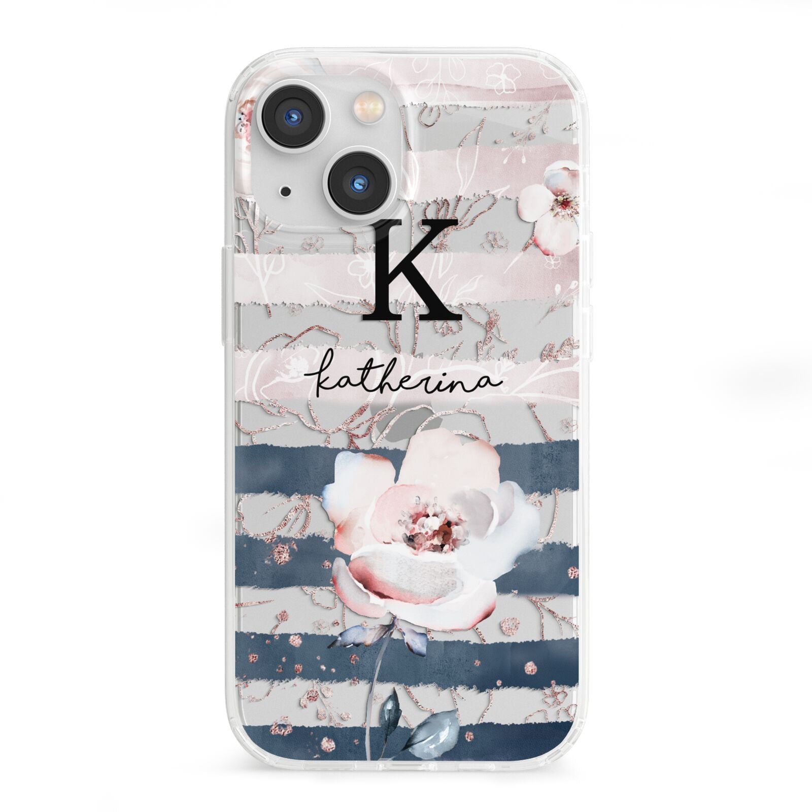 Monogram Pink Blue Striped Watercolour iPhone 13 Mini Clear Bumper Case