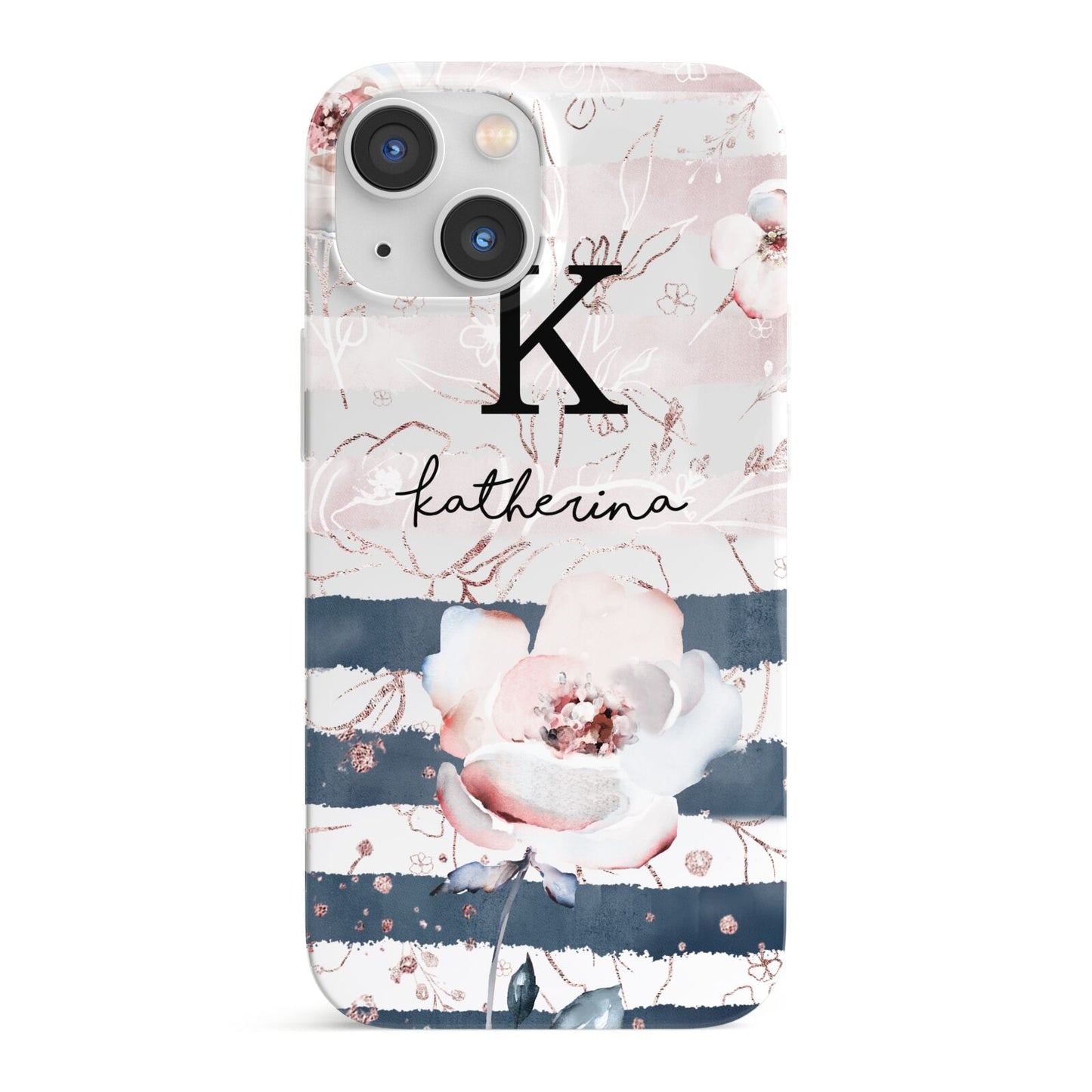 Monogram Pink Blue Striped Watercolour iPhone 13 Mini Full Wrap 3D Snap Case