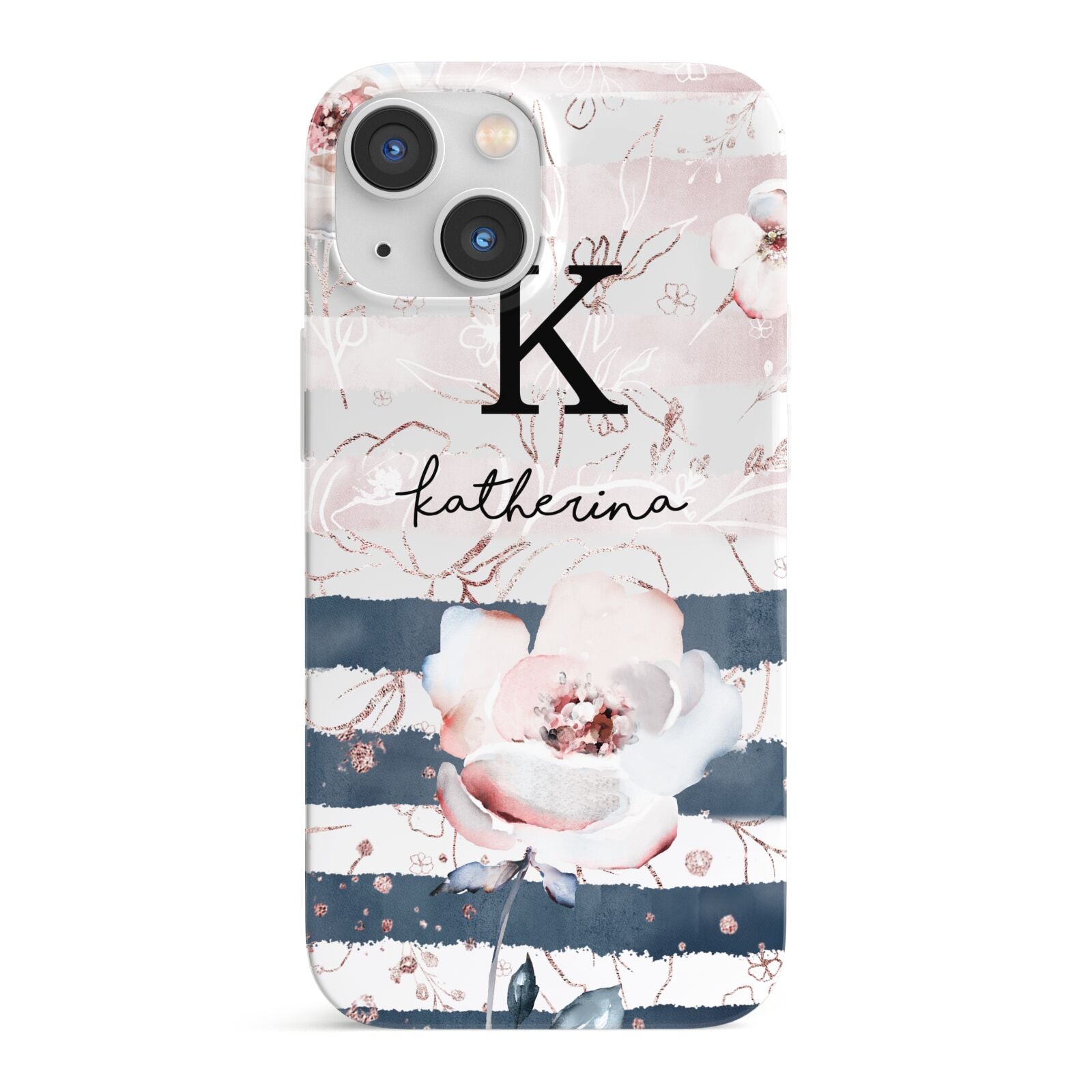 Monogram Pink Blue Striped Watercolour iPhone 13 Mini Full Wrap 3D Snap Case