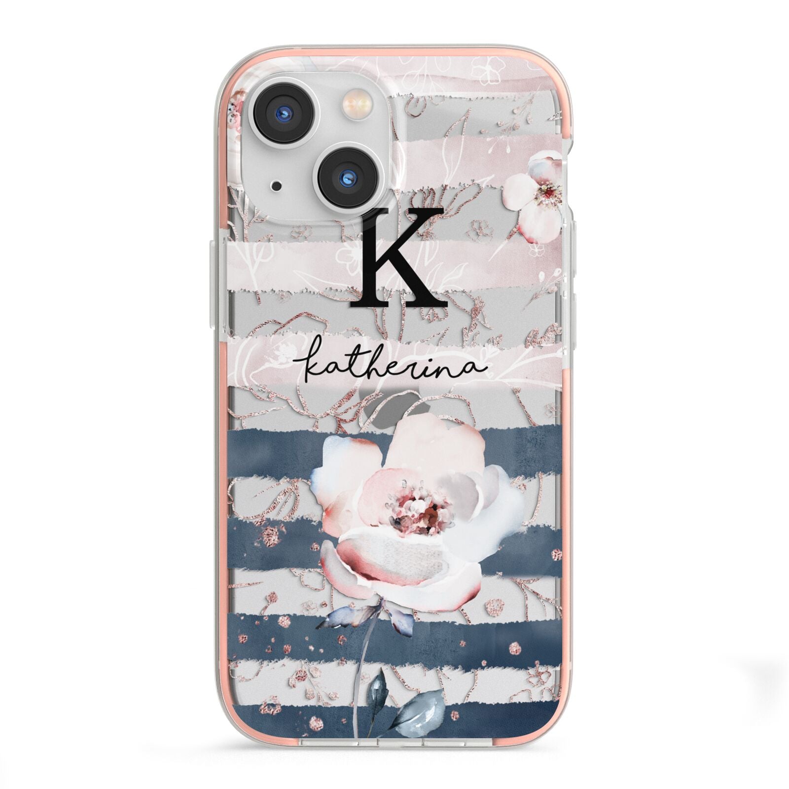 Monogram Pink Blue Striped Watercolour iPhone 13 Mini TPU Impact Case with Pink Edges