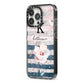Monogram Pink Blue Striped Watercolour iPhone 13 Pro Black Impact Case Side Angle on Silver phone
