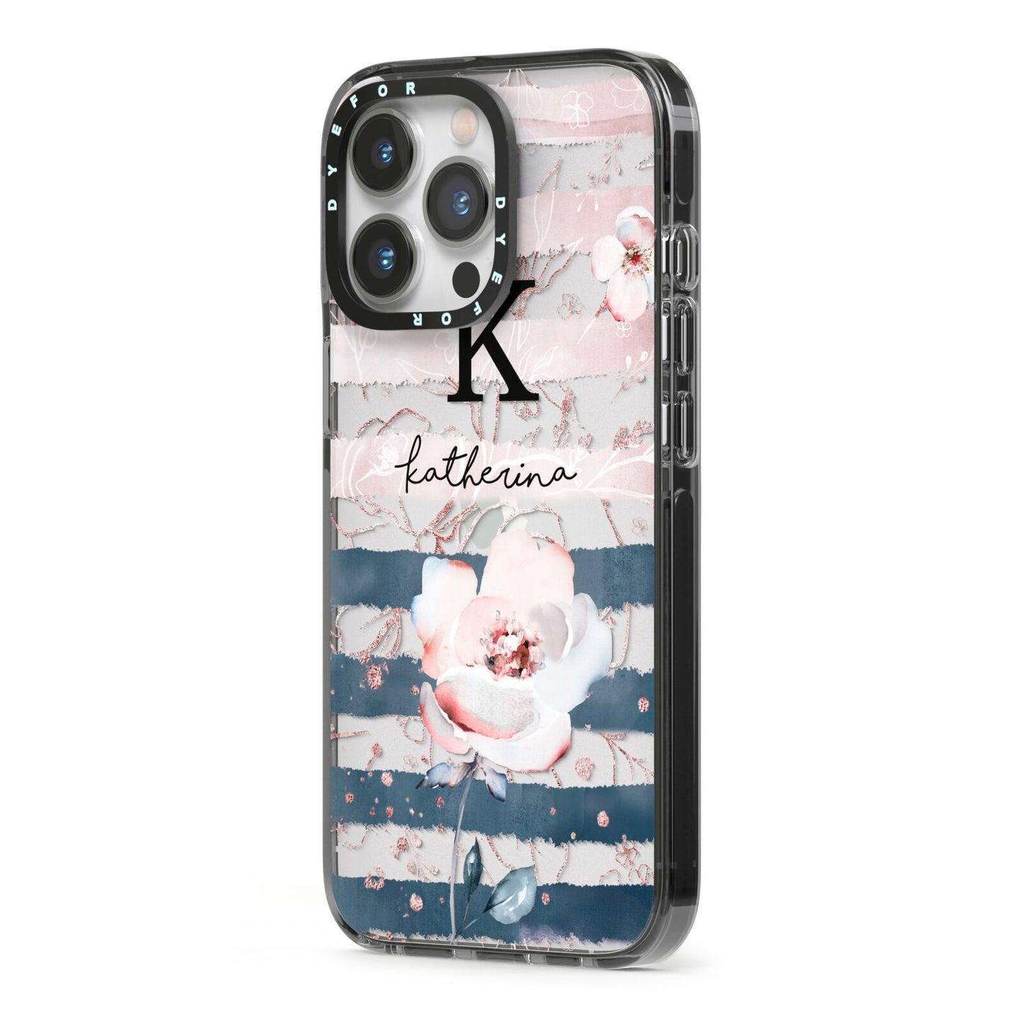 Monogram Pink Blue Striped Watercolour iPhone 13 Pro Black Impact Case Side Angle on Silver phone