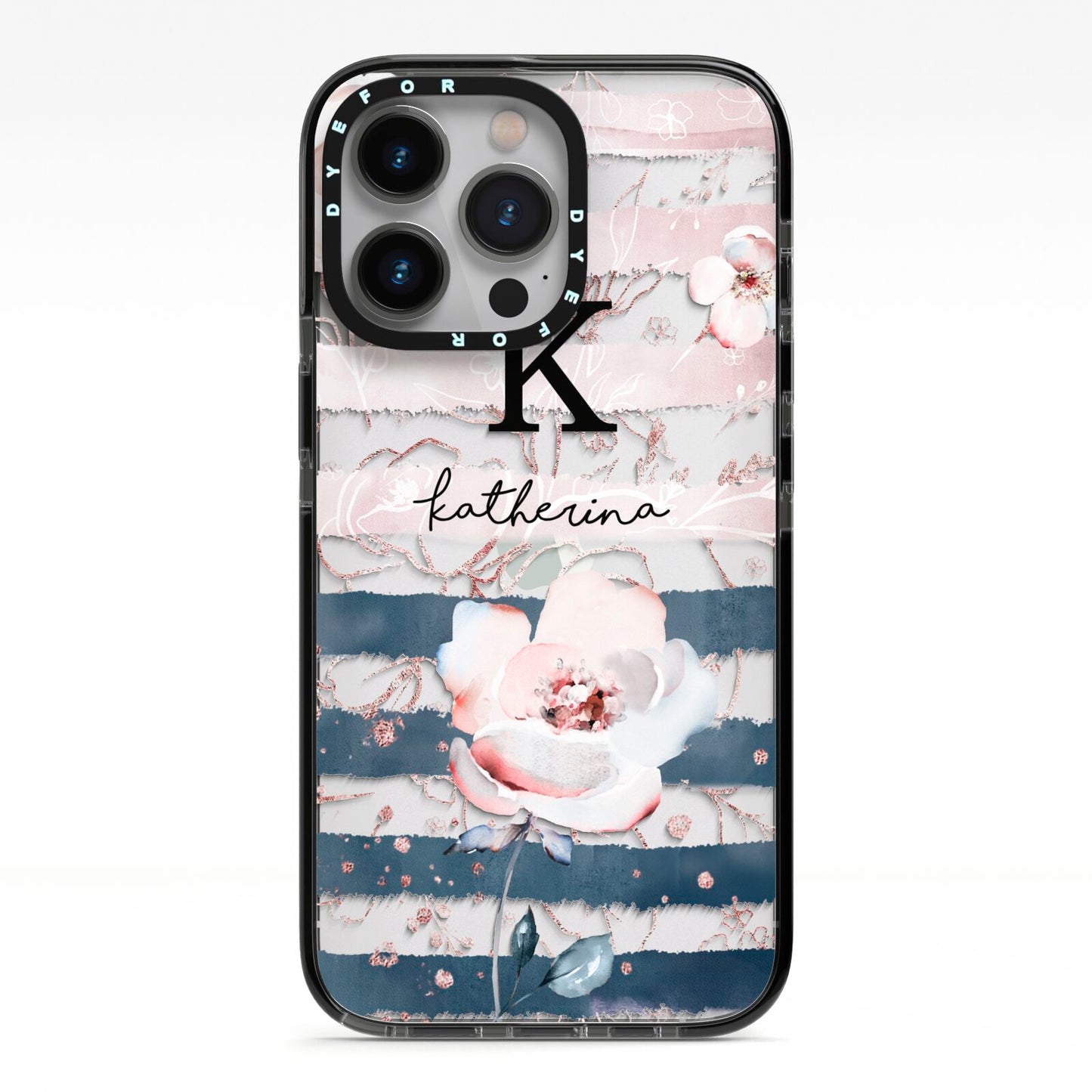 Monogram Pink Blue Striped Watercolour iPhone 13 Pro Black Impact Case on Silver phone