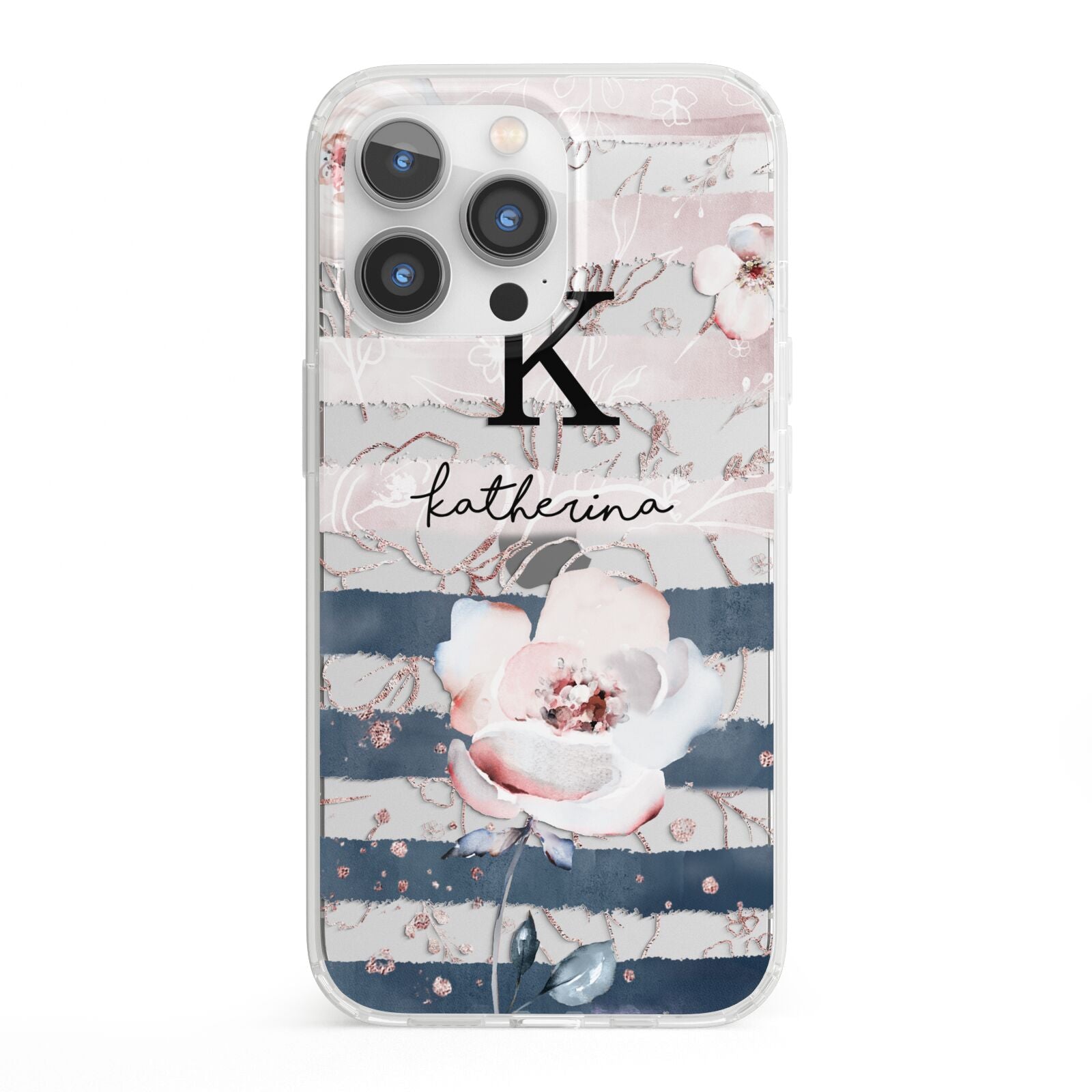 Monogram Pink Blue Striped Watercolour iPhone 13 Pro Clear Bumper Case
