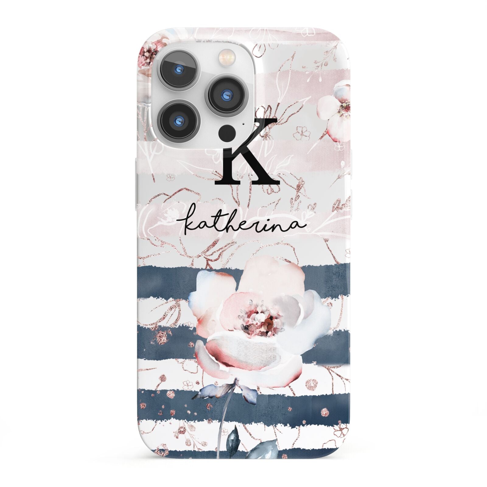 Monogram Pink Blue Striped Watercolour iPhone 13 Pro Full Wrap 3D Snap Case