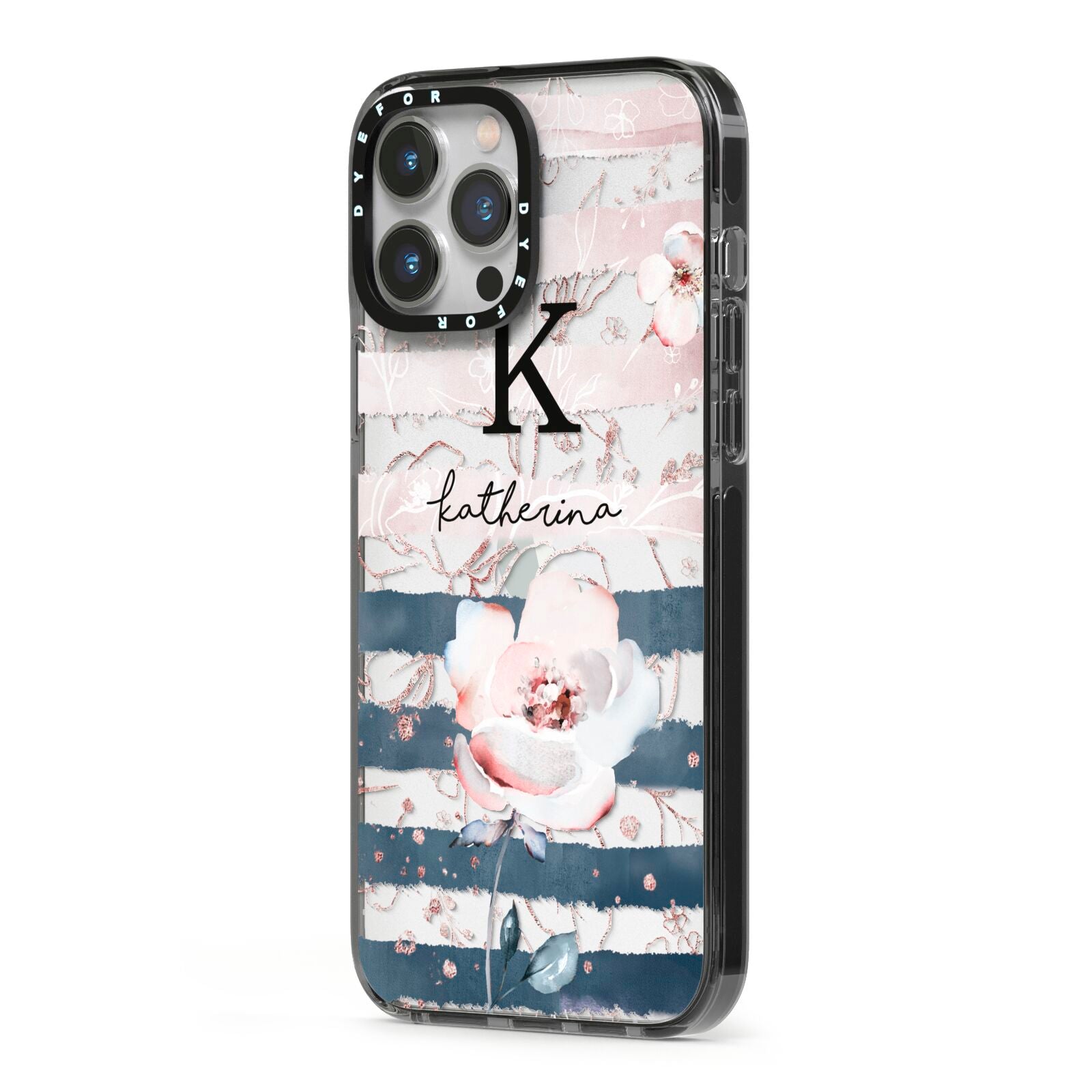 Monogram Pink Blue Striped Watercolour iPhone 13 Pro Max Black Impact Case Side Angle on Silver phone