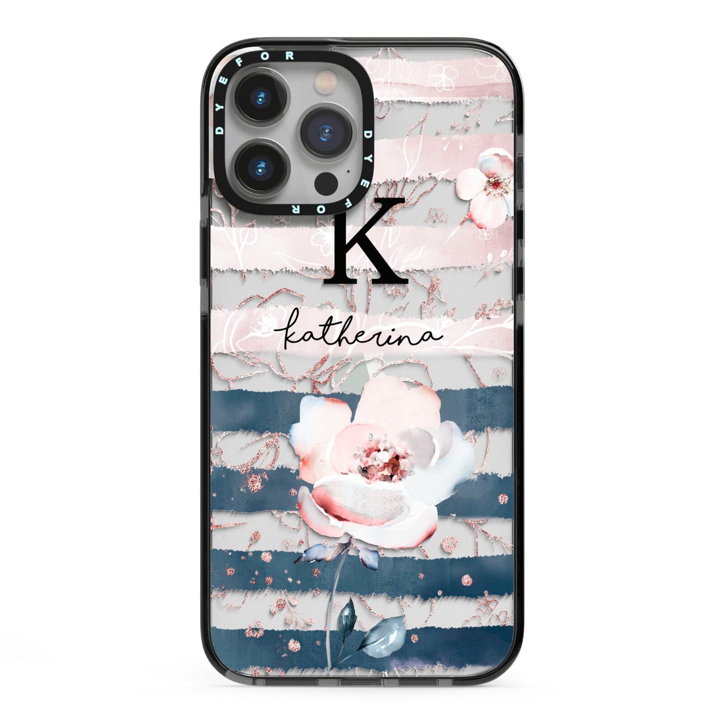 Monogram Pink Blue Striped Watercolour iPhone 13 Pro Max Black Impact Case on Silver phone