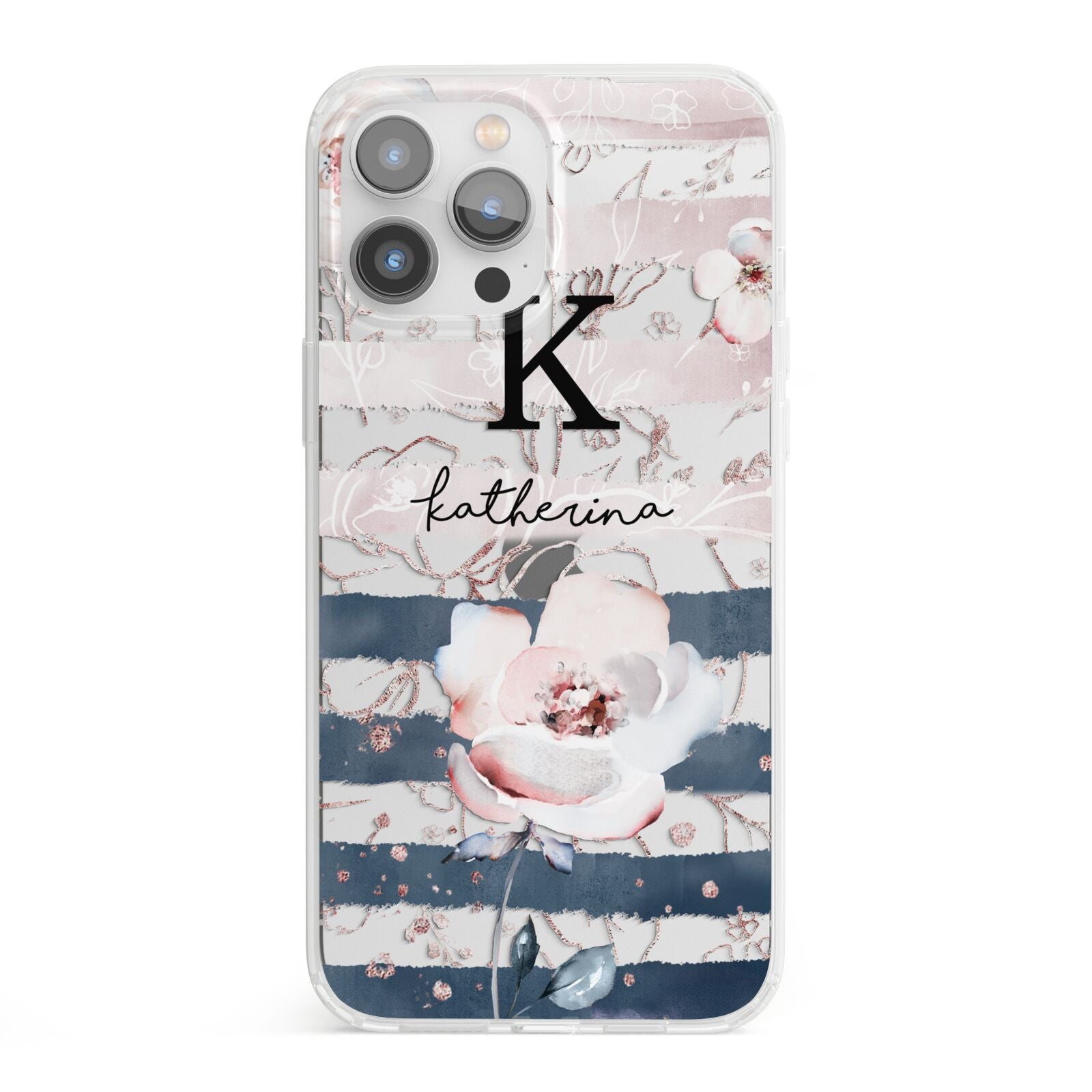 Monogram Pink Blue Striped Watercolour iPhone 13 Pro Max Clear Bumper Case