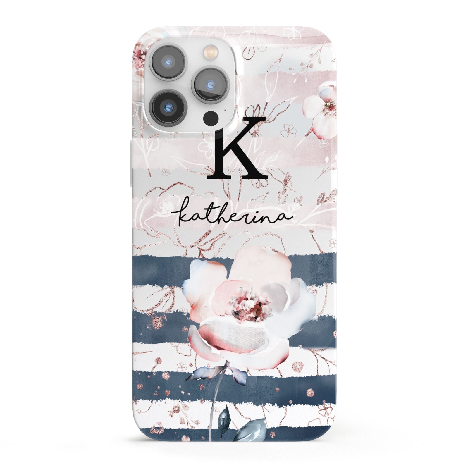 Monogram Pink Blue Striped Watercolour iPhone 13 Pro Max Full Wrap 3D Snap Case
