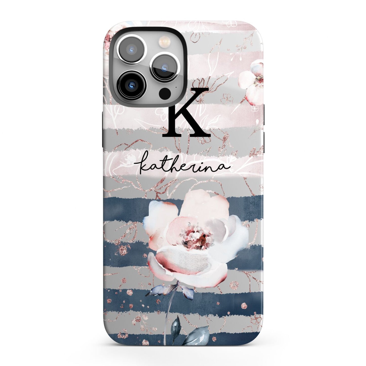 Monogram Pink Blue Striped Watercolour iPhone 13 Pro Max Full Wrap 3D Tough Case