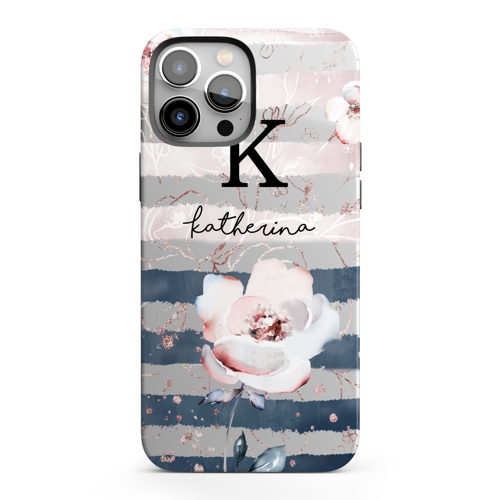 Monogram Pink Blue Striped Watercolour iPhone 13 Pro Max Full Wrap 3D Tough Case