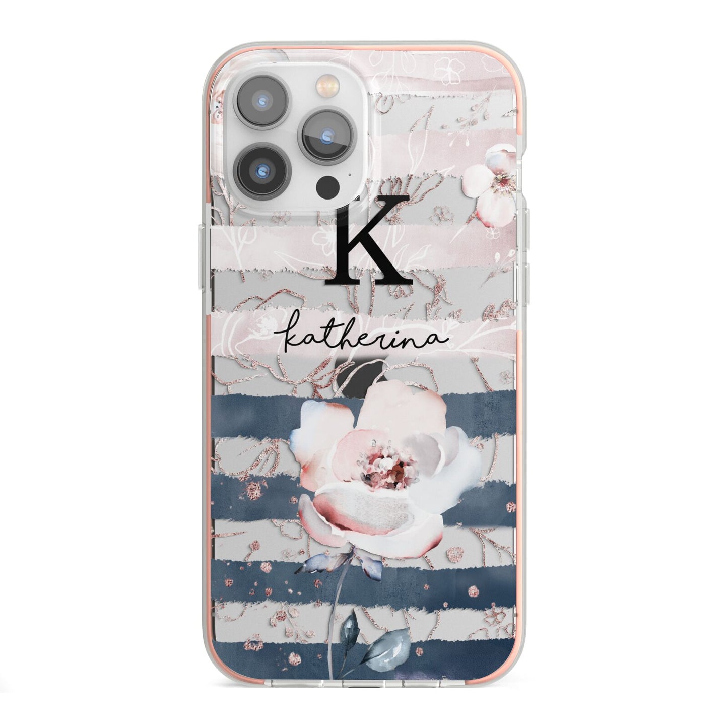 Monogram Pink Blue Striped Watercolour iPhone 13 Pro Max TPU Impact Case with Pink Edges