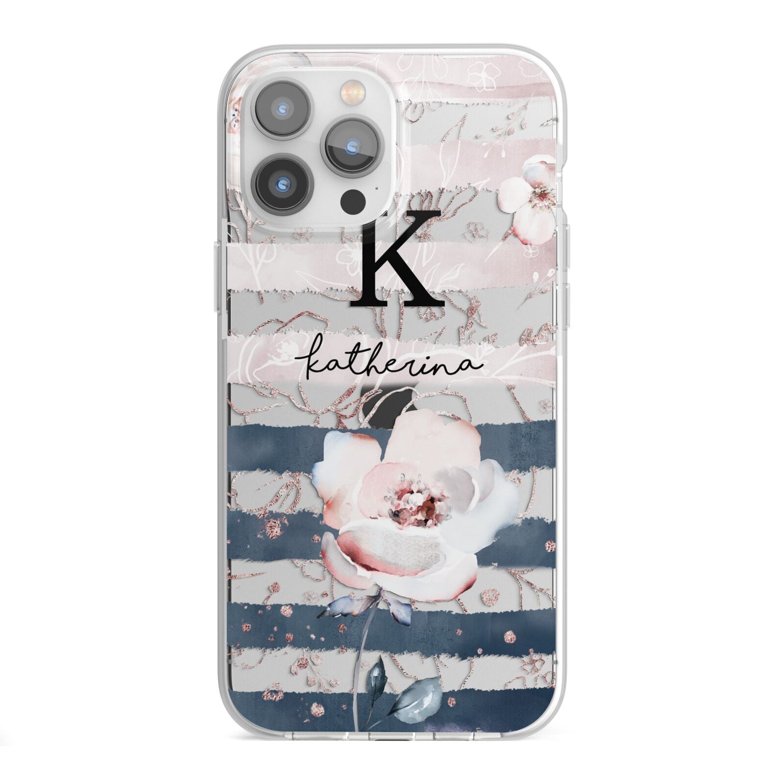 Monogram Pink Blue Striped Watercolour iPhone 13 Pro Max TPU Impact Case with White Edges