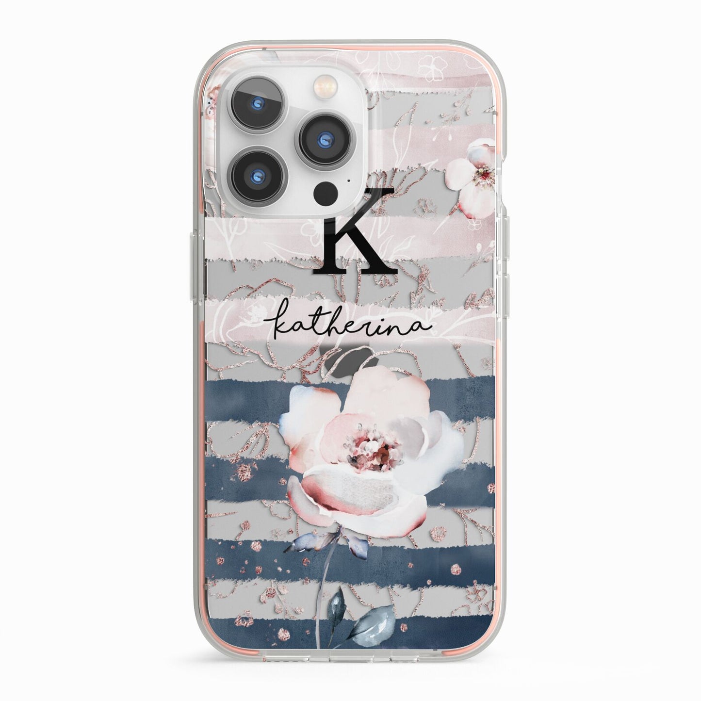 Monogram Pink Blue Striped Watercolour iPhone 13 Pro TPU Impact Case with Pink Edges