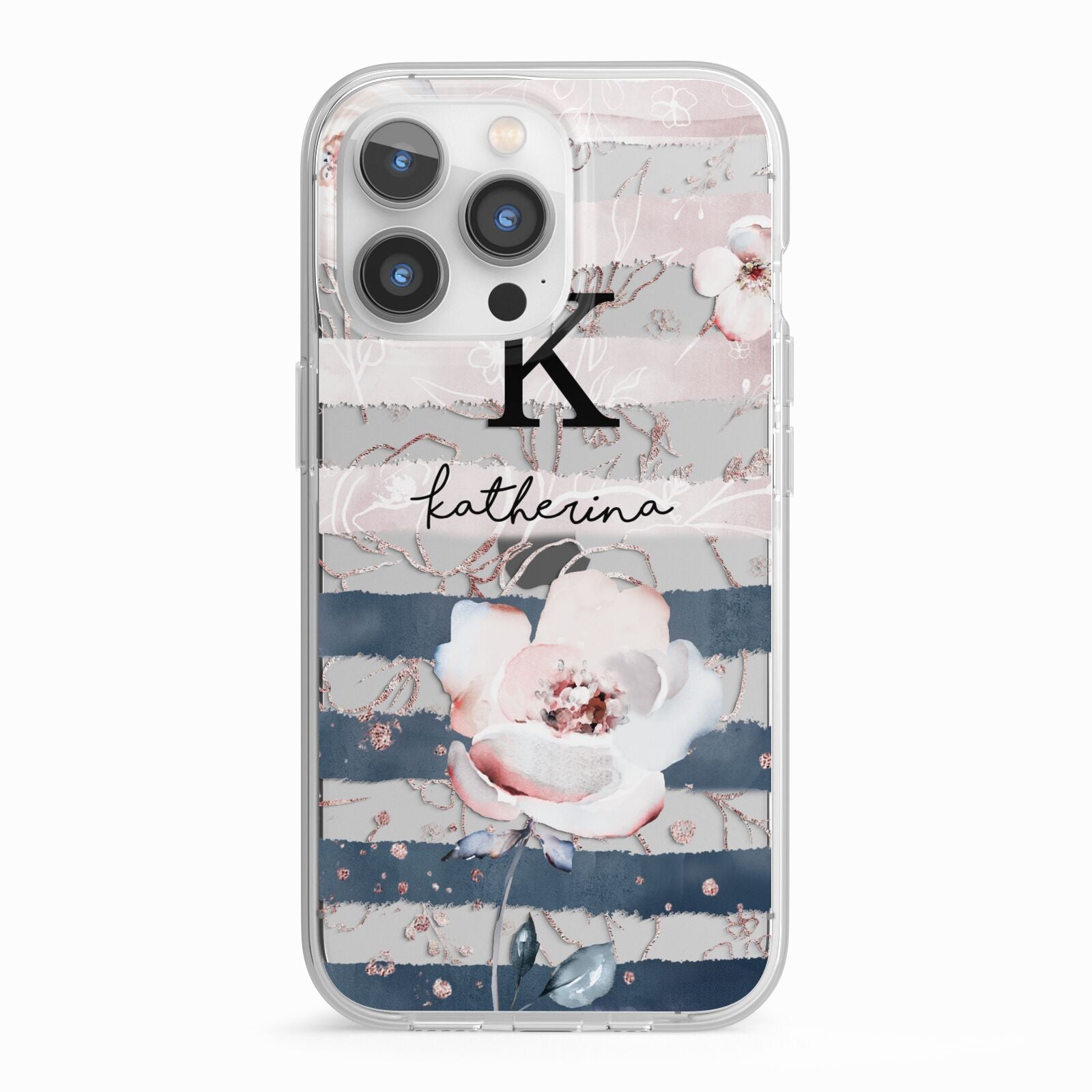 Monogram Pink Blue Striped Watercolour iPhone 13 Pro TPU Impact Case with White Edges