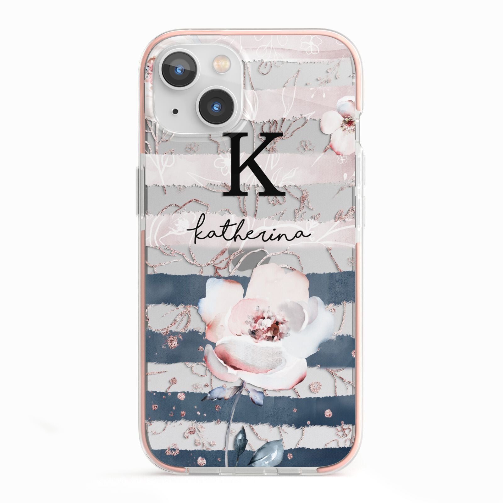 Monogram Pink Blue Striped Watercolour iPhone 13 TPU Impact Case with Pink Edges