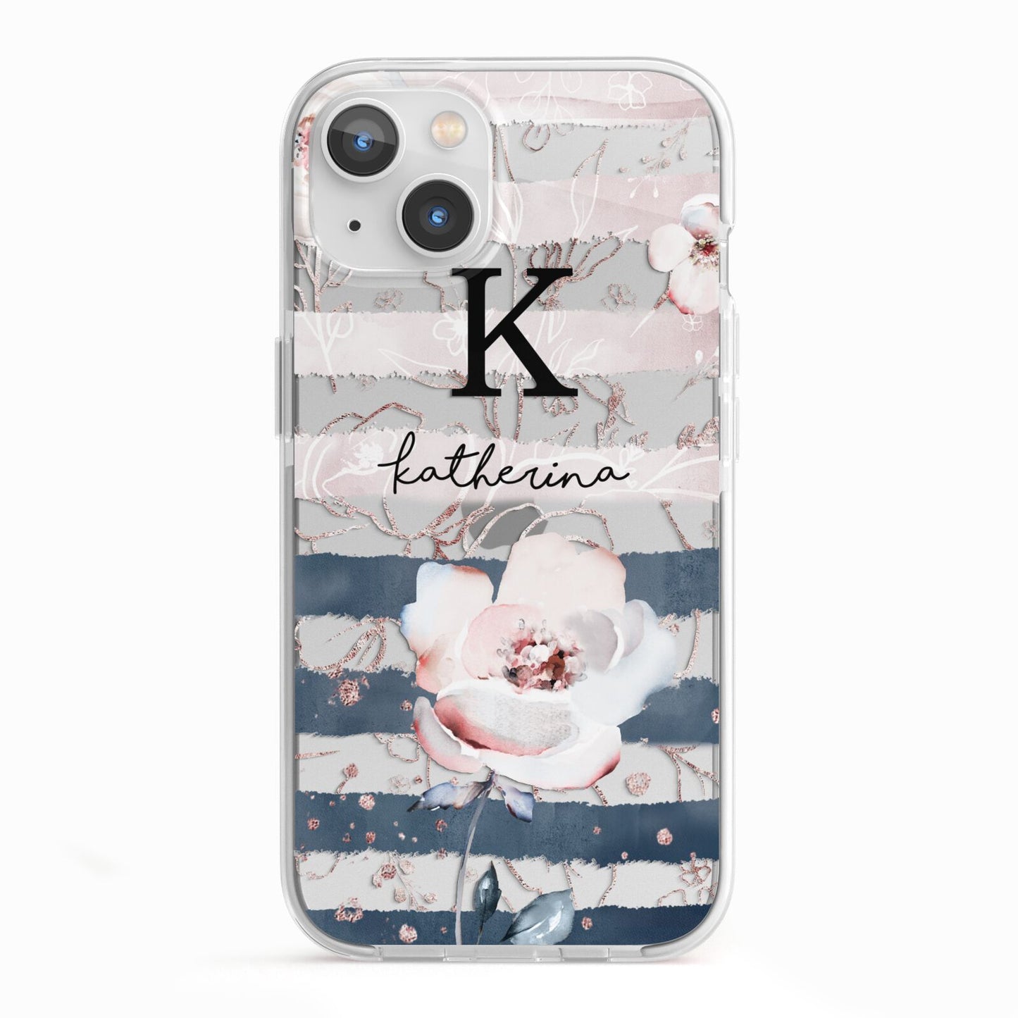 Monogram Pink Blue Striped Watercolour iPhone 13 TPU Impact Case with White Edges