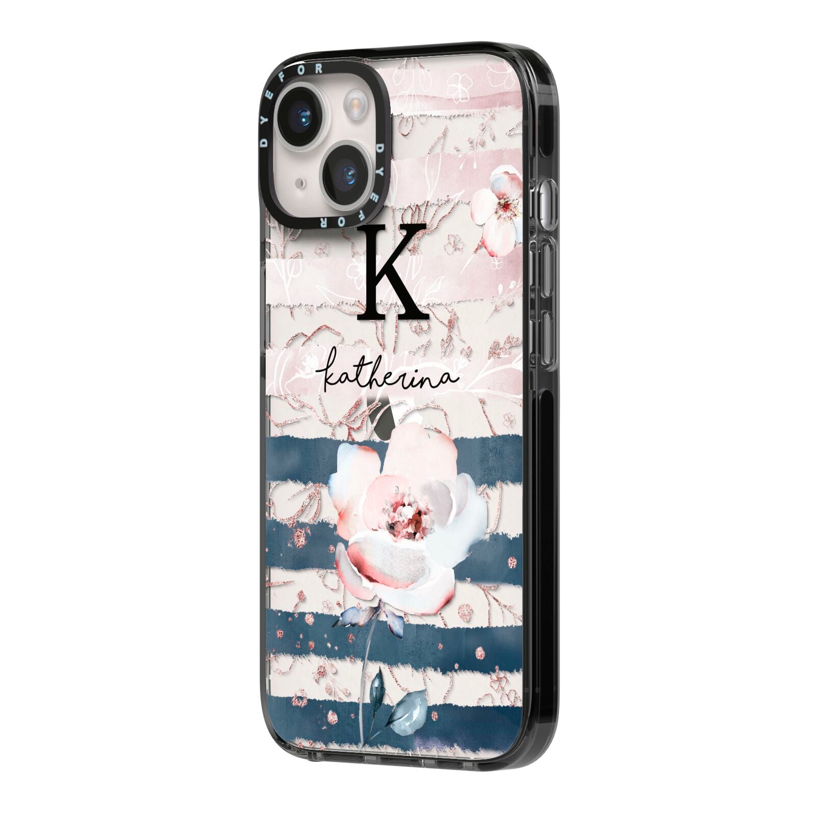 Monogram Pink Blue Striped Watercolour iPhone 14 Black Impact Case Side Angle on Silver phone