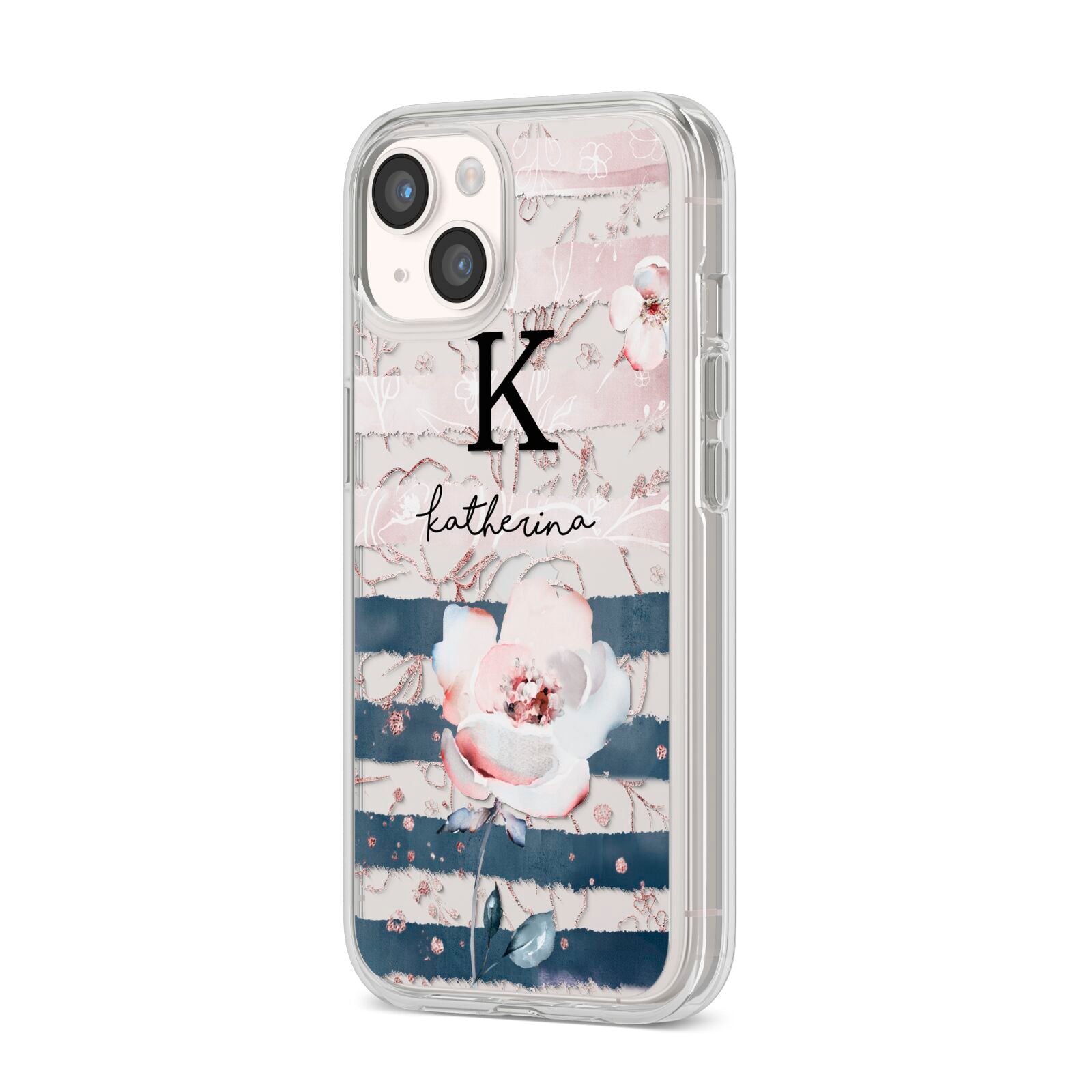 Monogram Pink Blue Striped Watercolour iPhone 14 Clear Tough Case Starlight Angled Image