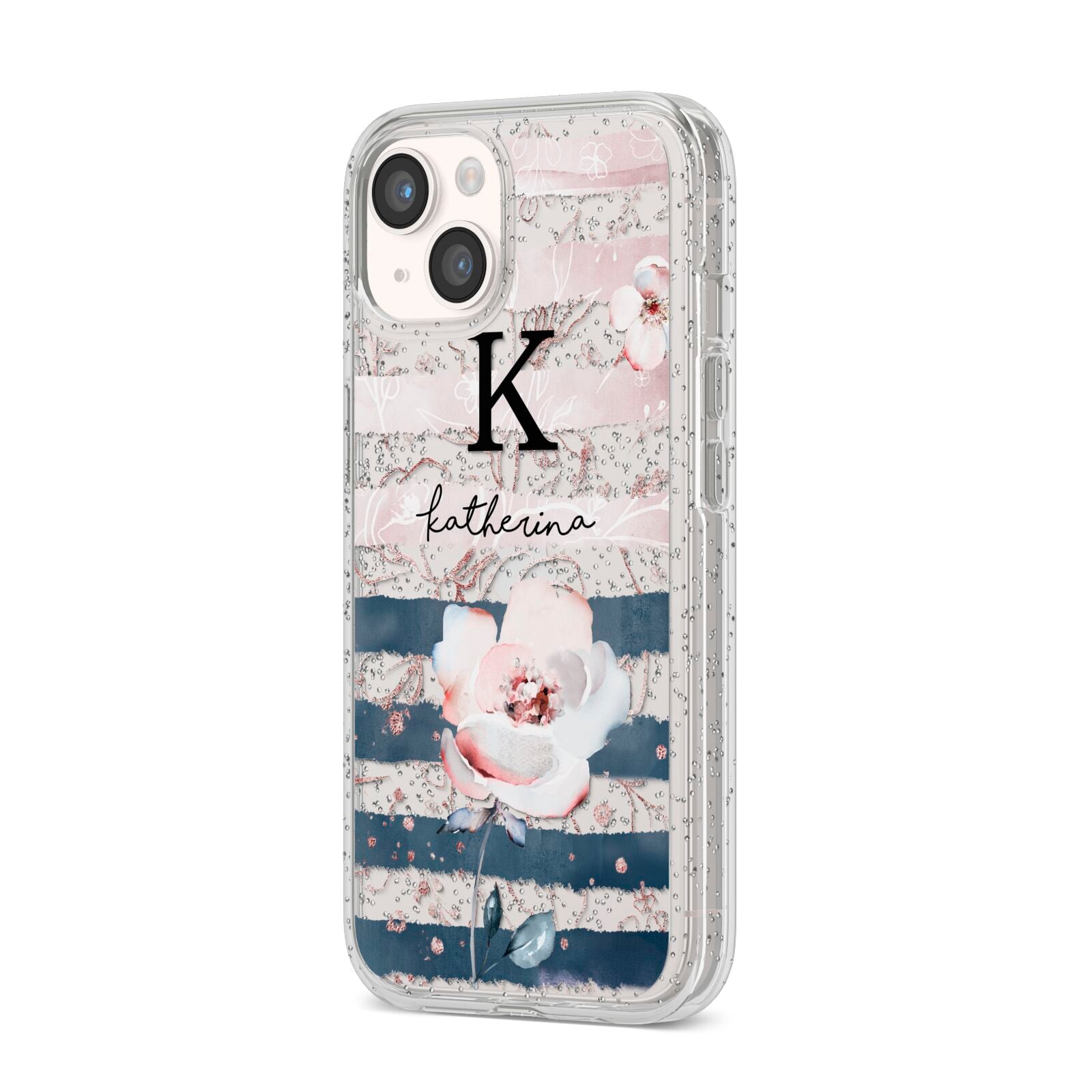 Monogram Pink Blue Striped Watercolour iPhone 14 Glitter Tough Case Starlight Angled Image