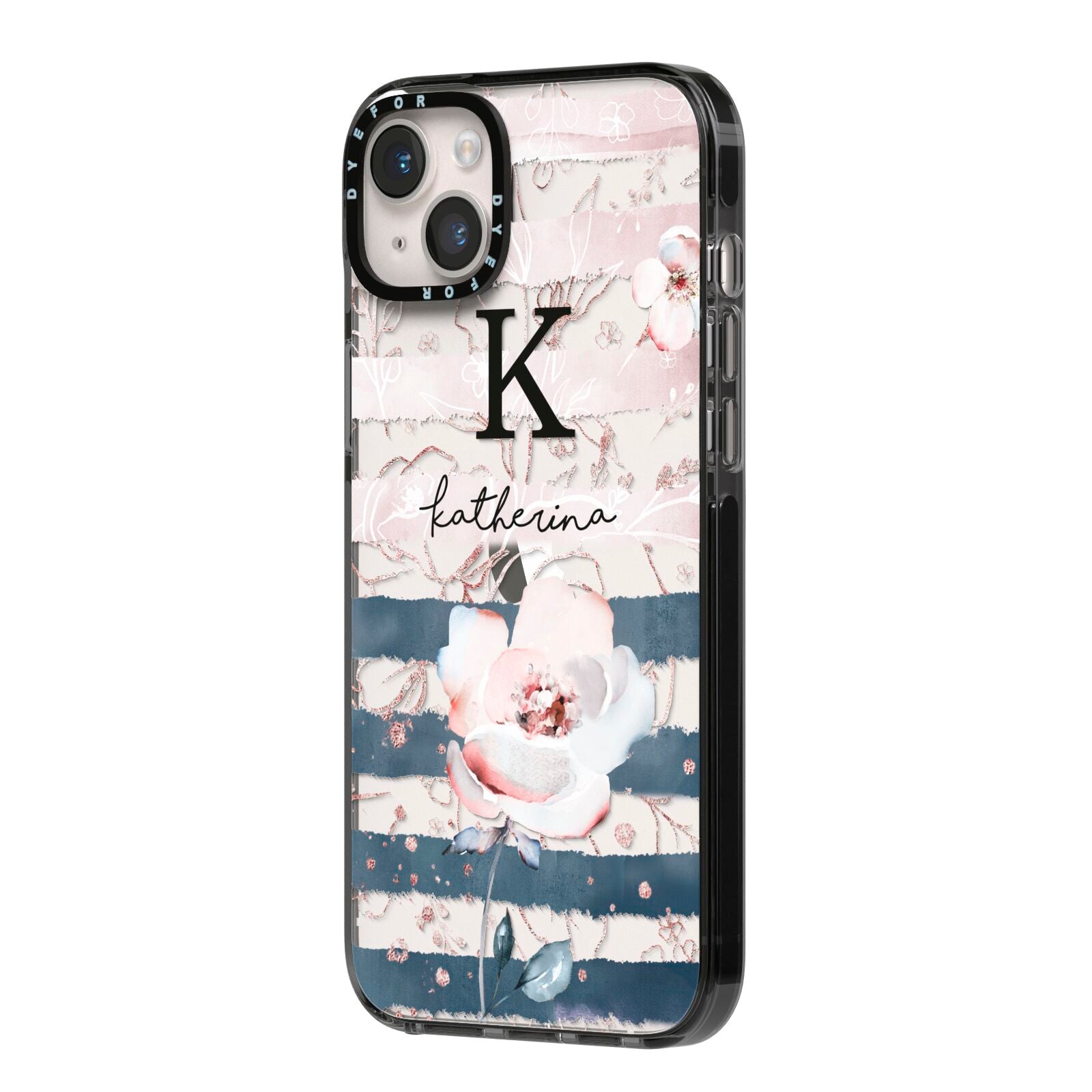 Monogram Pink Blue Striped Watercolour iPhone 14 Plus Black Impact Case Side Angle on Silver phone