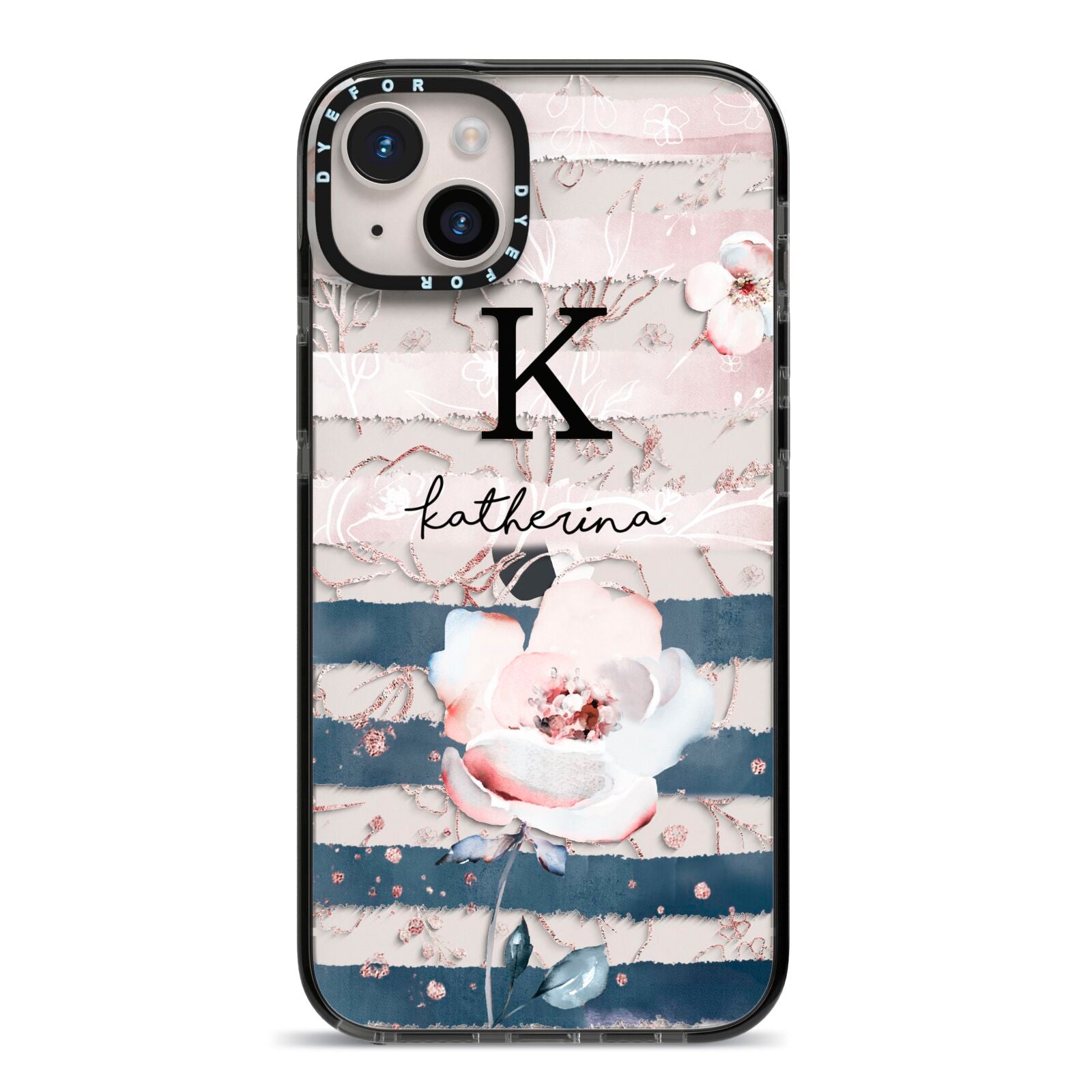 Monogram Pink Blue Striped Watercolour iPhone 14 Plus Black Impact Case on Silver phone