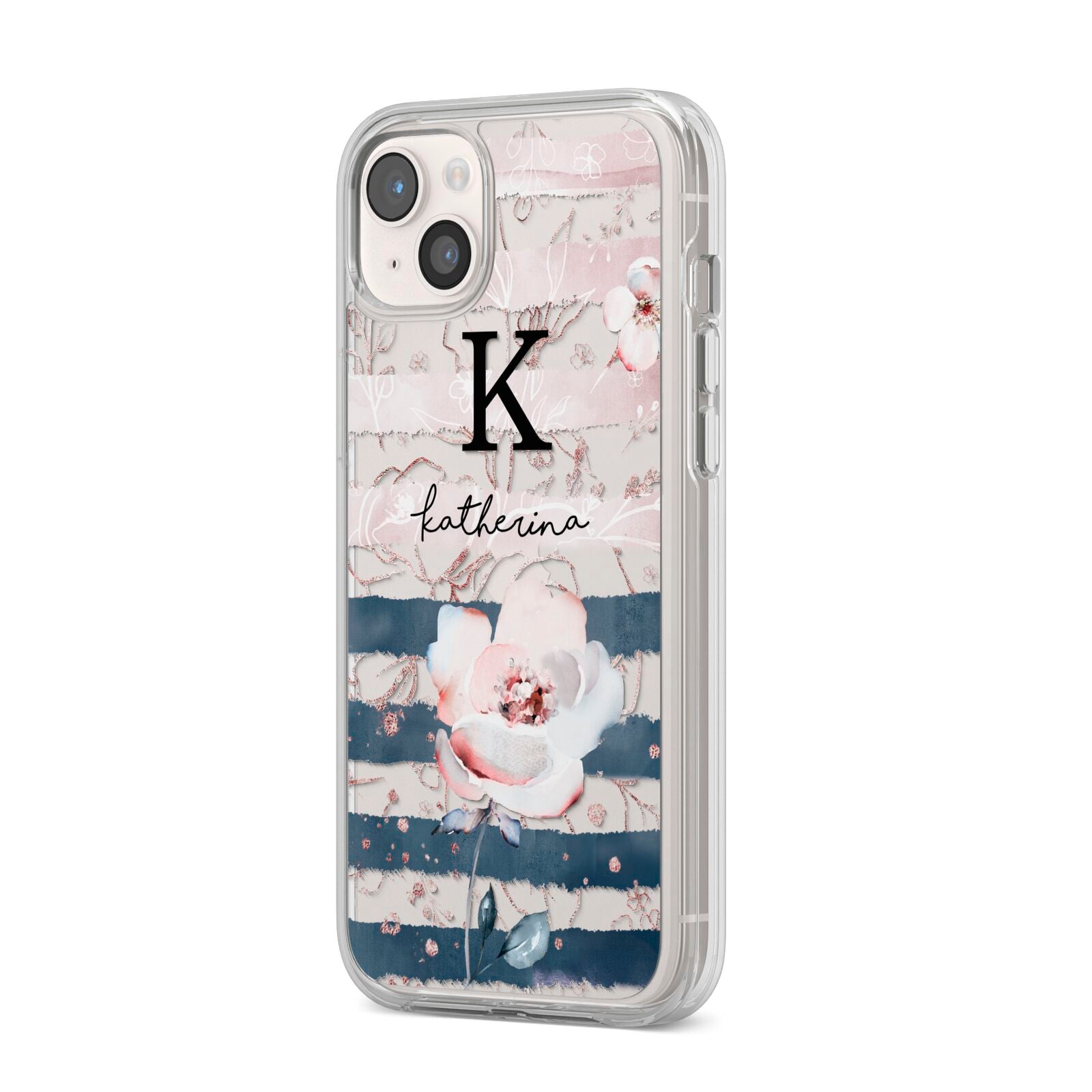 Monogram Pink Blue Striped Watercolour iPhone 14 Plus Clear Tough Case Starlight Angled Image