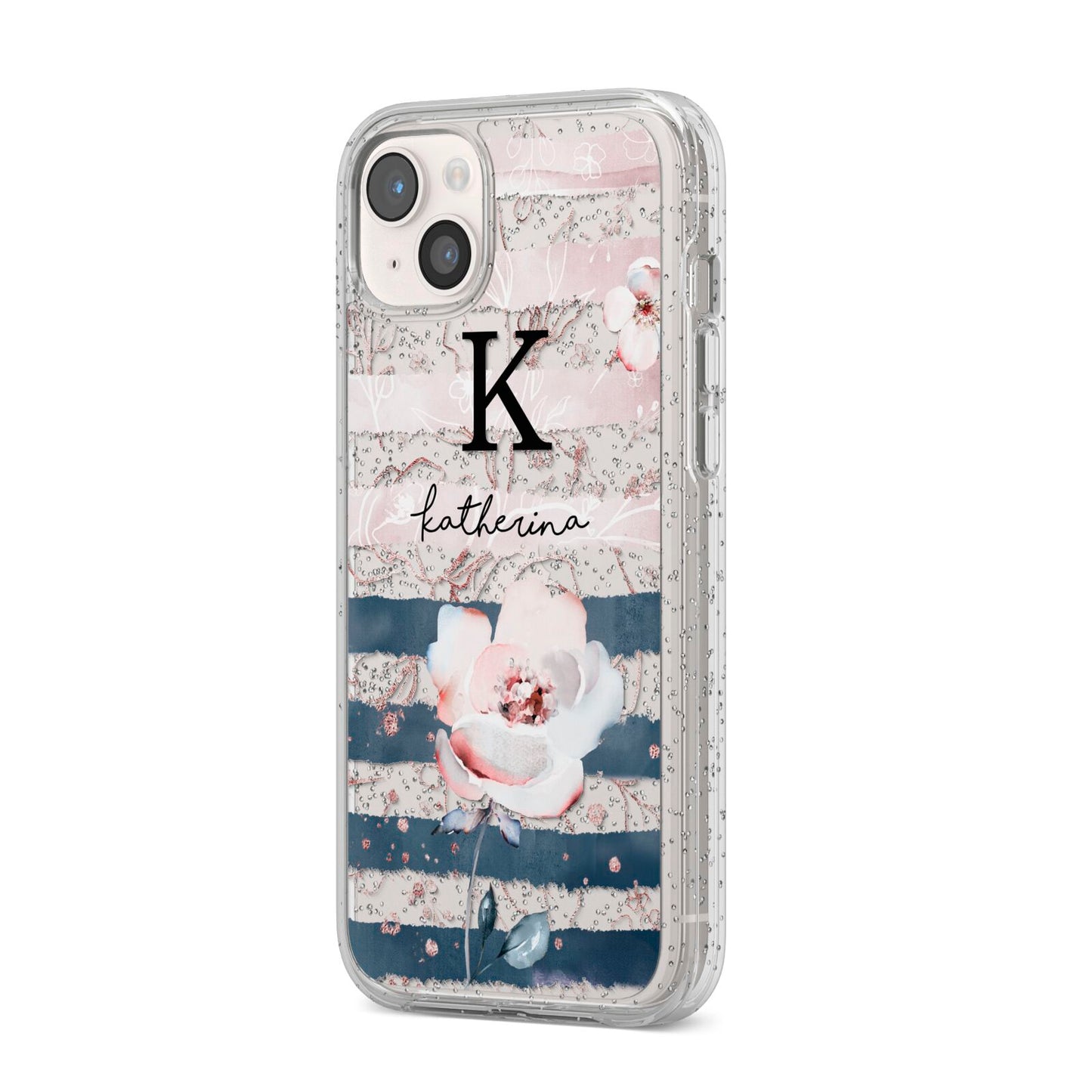 Monogram Pink Blue Striped Watercolour iPhone 14 Plus Glitter Tough Case Starlight Angled Image