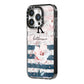 Monogram Pink Blue Striped Watercolour iPhone 14 Pro Black Impact Case Side Angle on Silver phone