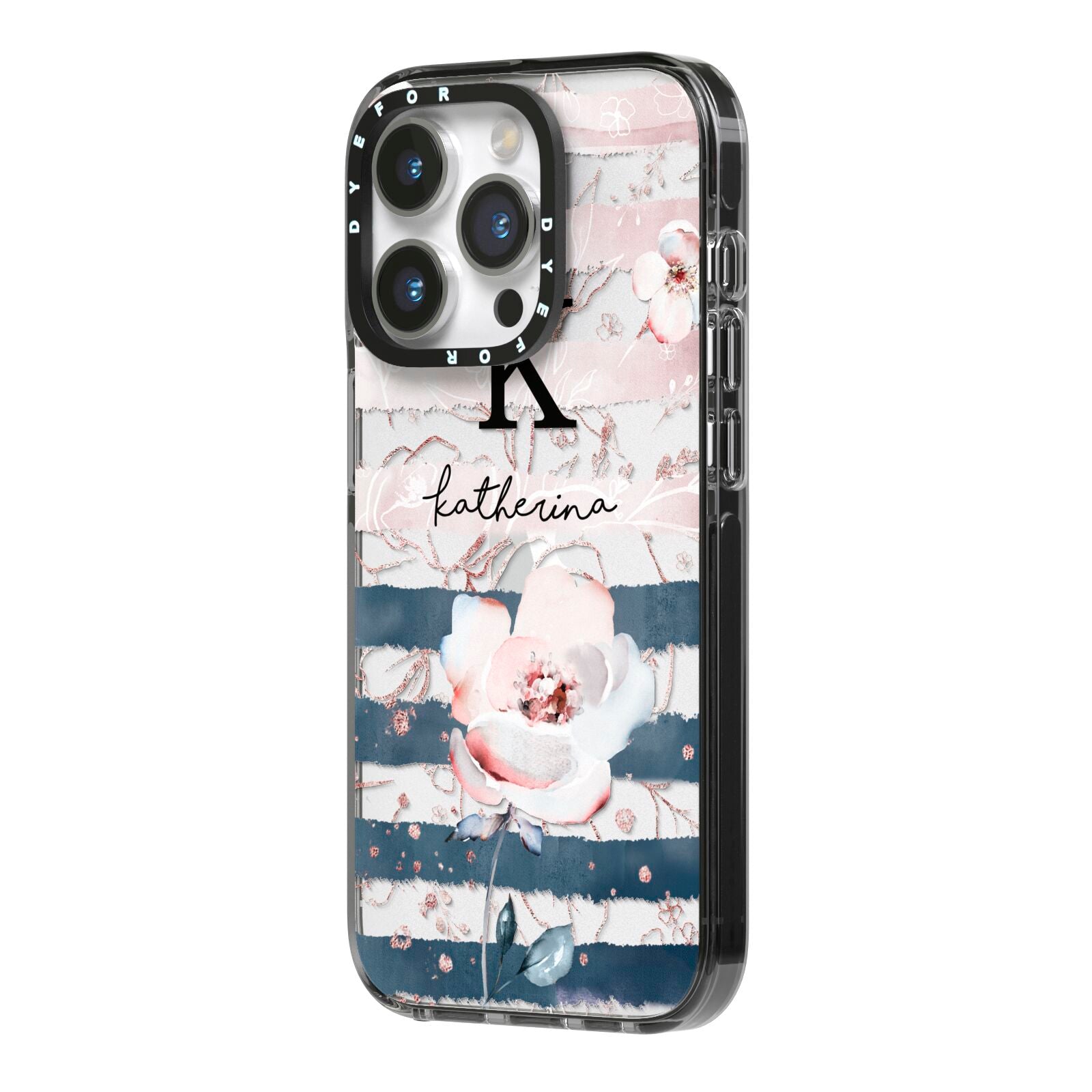 Monogram Pink Blue Striped Watercolour iPhone 14 Pro Black Impact Case Side Angle on Silver phone