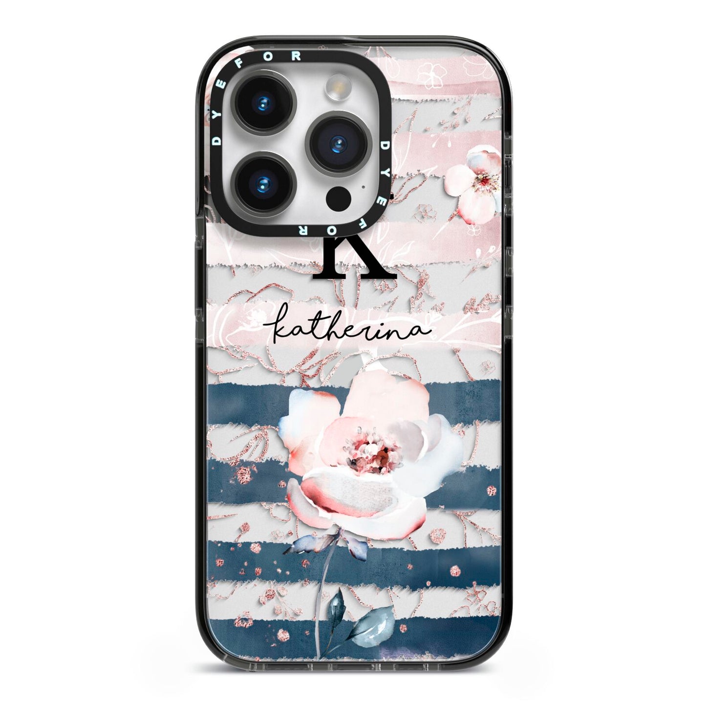 Monogram Pink Blue Striped Watercolour iPhone 14 Pro Black Impact Case on Silver phone