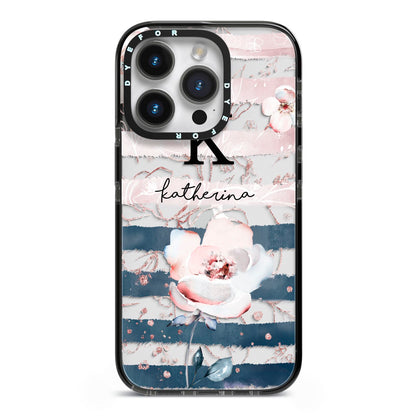 Monogram Pink Blue Striped Watercolour iPhone 14 Pro Black Impact Case on Silver phone