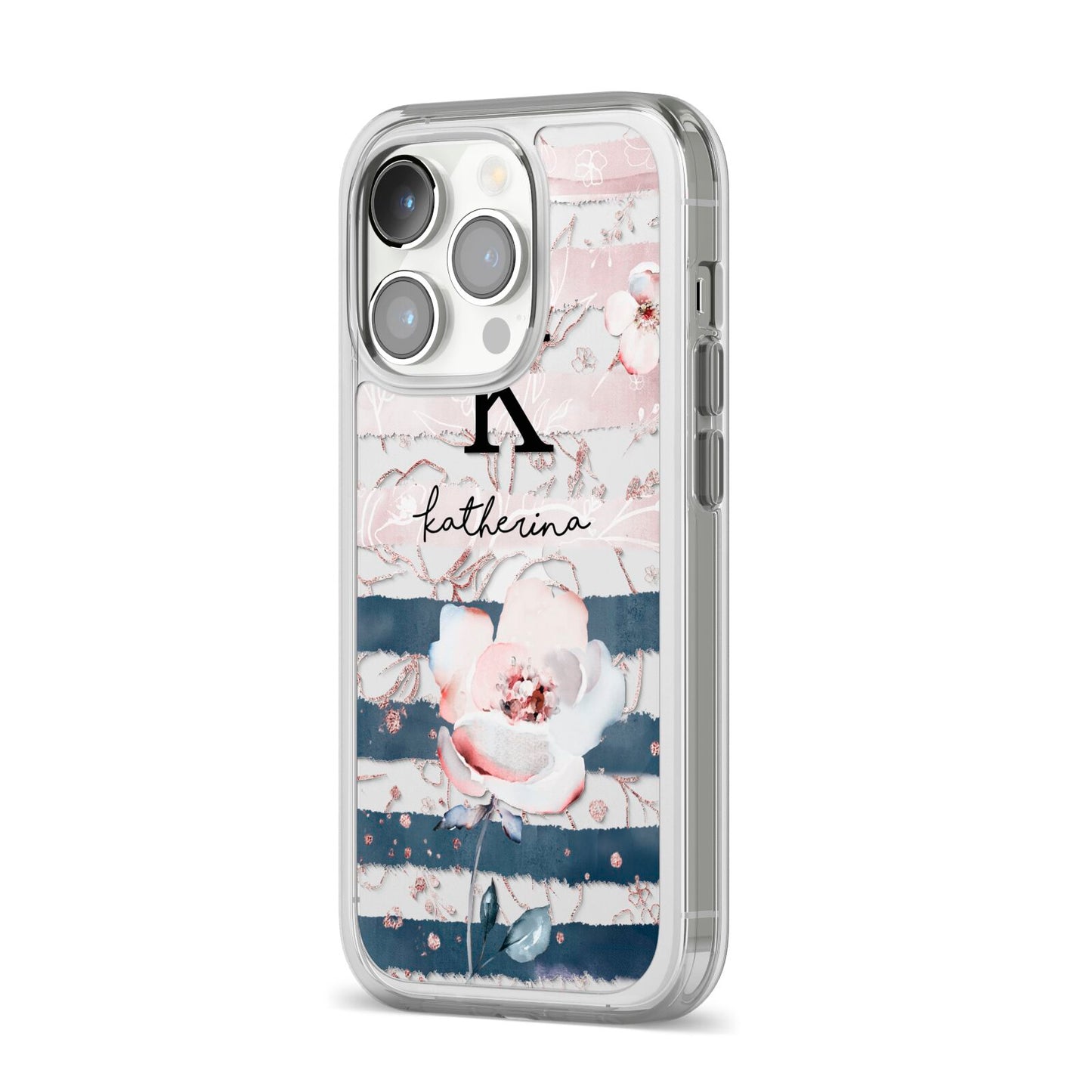 Monogram Pink Blue Striped Watercolour iPhone 14 Pro Clear Tough Case Silver Angled Image