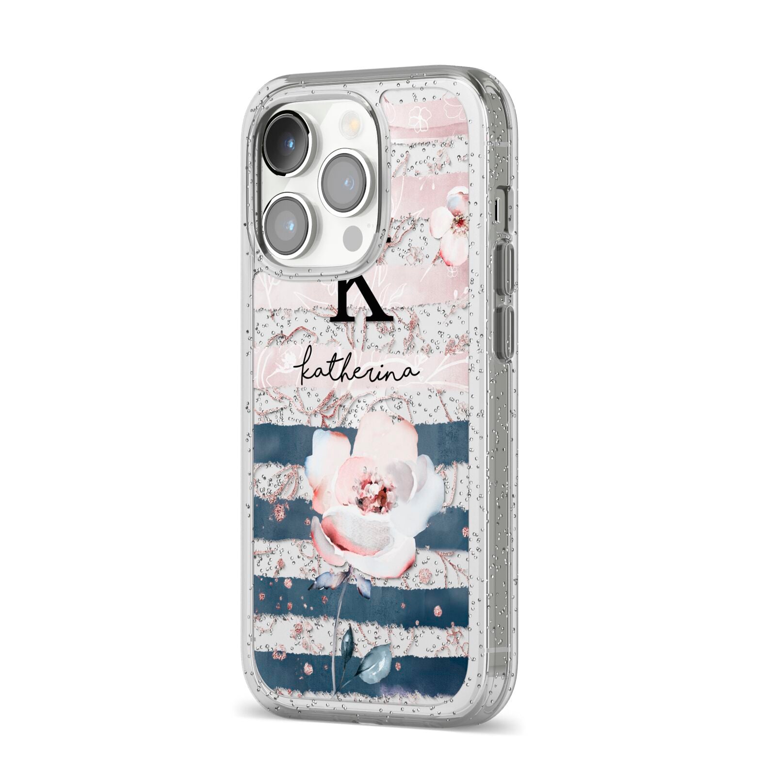 Monogram Pink Blue Striped Watercolour iPhone 14 Pro Glitter Tough Case Silver Angled Image