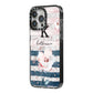 Monogram Pink Blue Striped Watercolour iPhone 14 Pro Max Black Impact Case Side Angle on Silver phone
