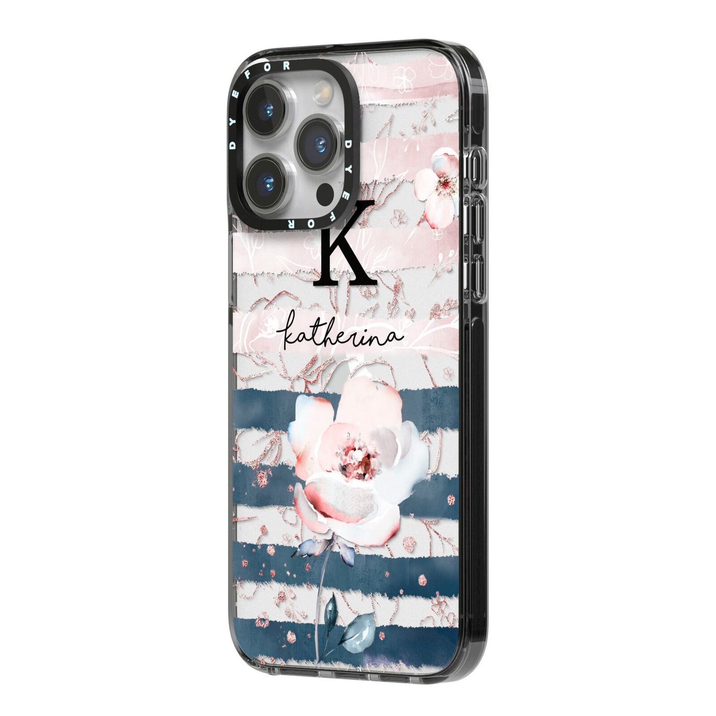Monogram Pink Blue Striped Watercolour iPhone 14 Pro Max Black Impact Case Side Angle on Silver phone