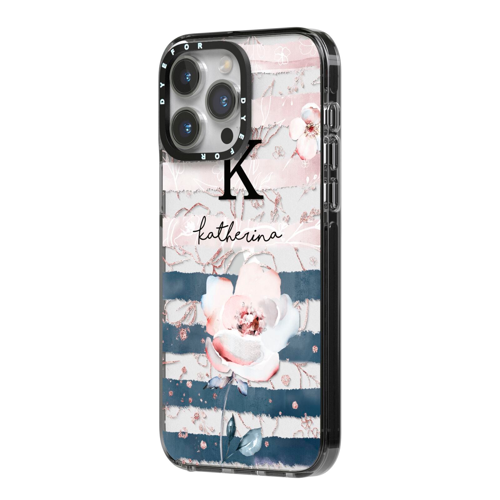 Monogram Pink Blue Striped Watercolour iPhone 14 Pro Max Black Impact Case Side Angle on Silver phone