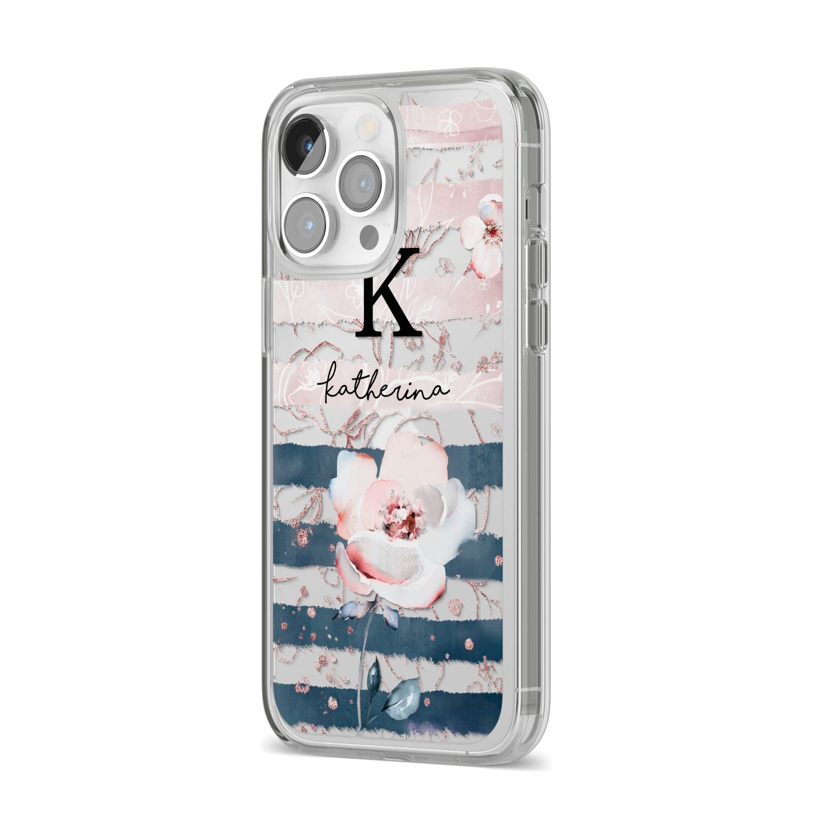 Monogram Pink Blue Striped Watercolour iPhone 14 Pro Max Clear Tough Case Silver Angled Image