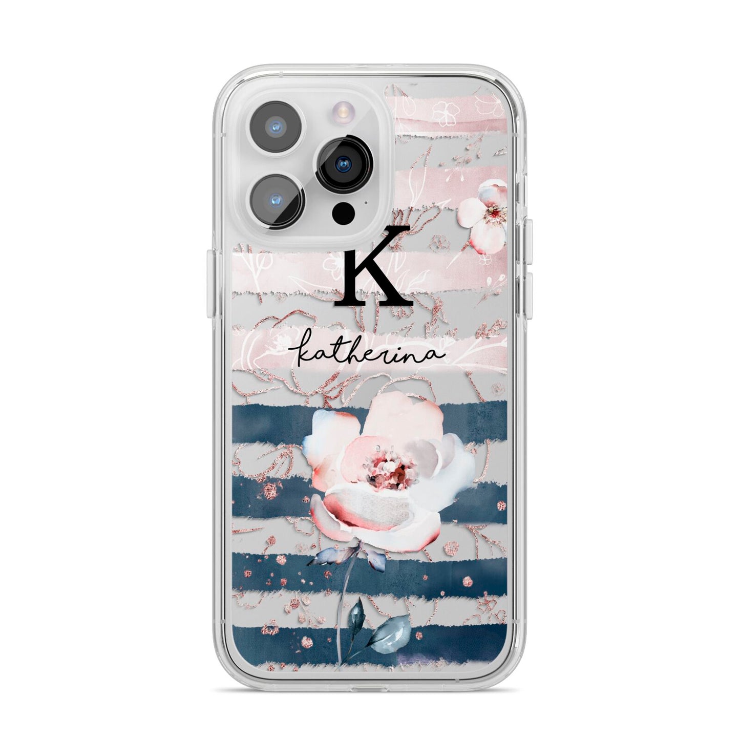 Monogram Pink Blue Striped Watercolour iPhone 14 Pro Max Clear Tough Case Silver