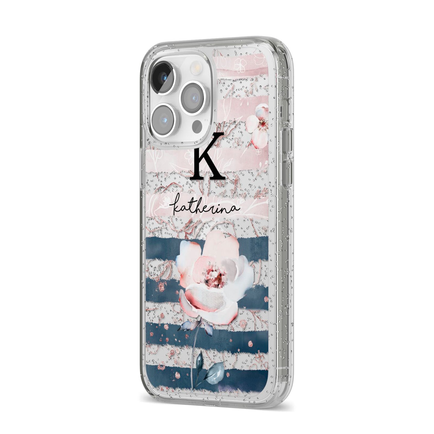 Monogram Pink Blue Striped Watercolour iPhone 14 Pro Max Glitter Tough Case Silver Angled Image
