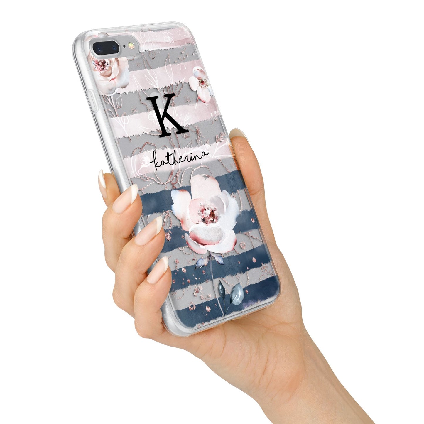 Monogram Pink Blue Striped Watercolour iPhone 7 Plus Bumper Case on Silver iPhone Alternative Image