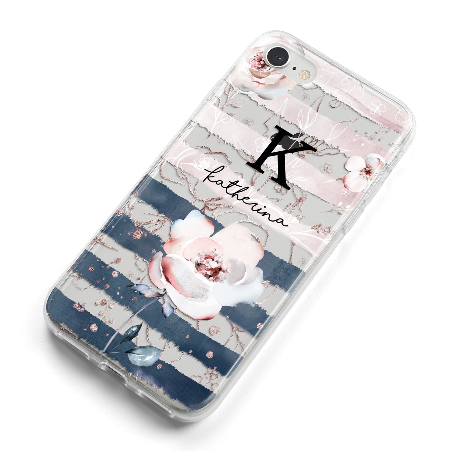 Monogram Pink Blue Striped Watercolour iPhone 8 Bumper Case on Silver iPhone Alternative Image